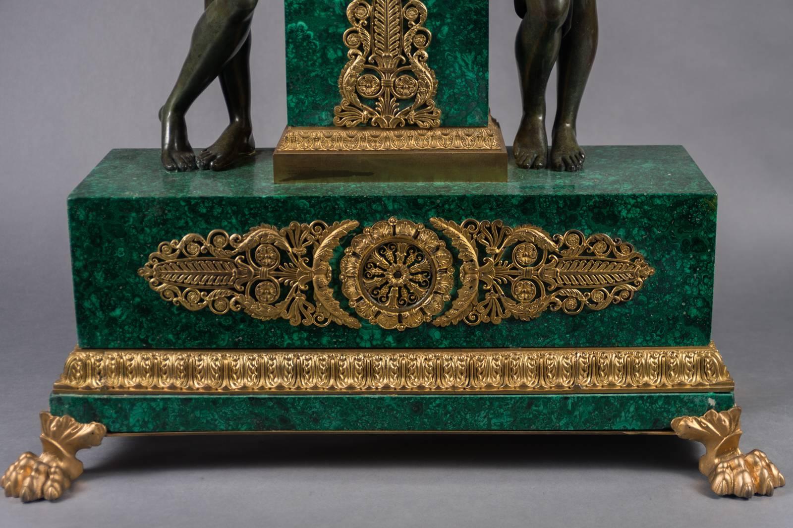 Monumental French Gilt and Patinated Bronze Malachite Clock For Sale 3