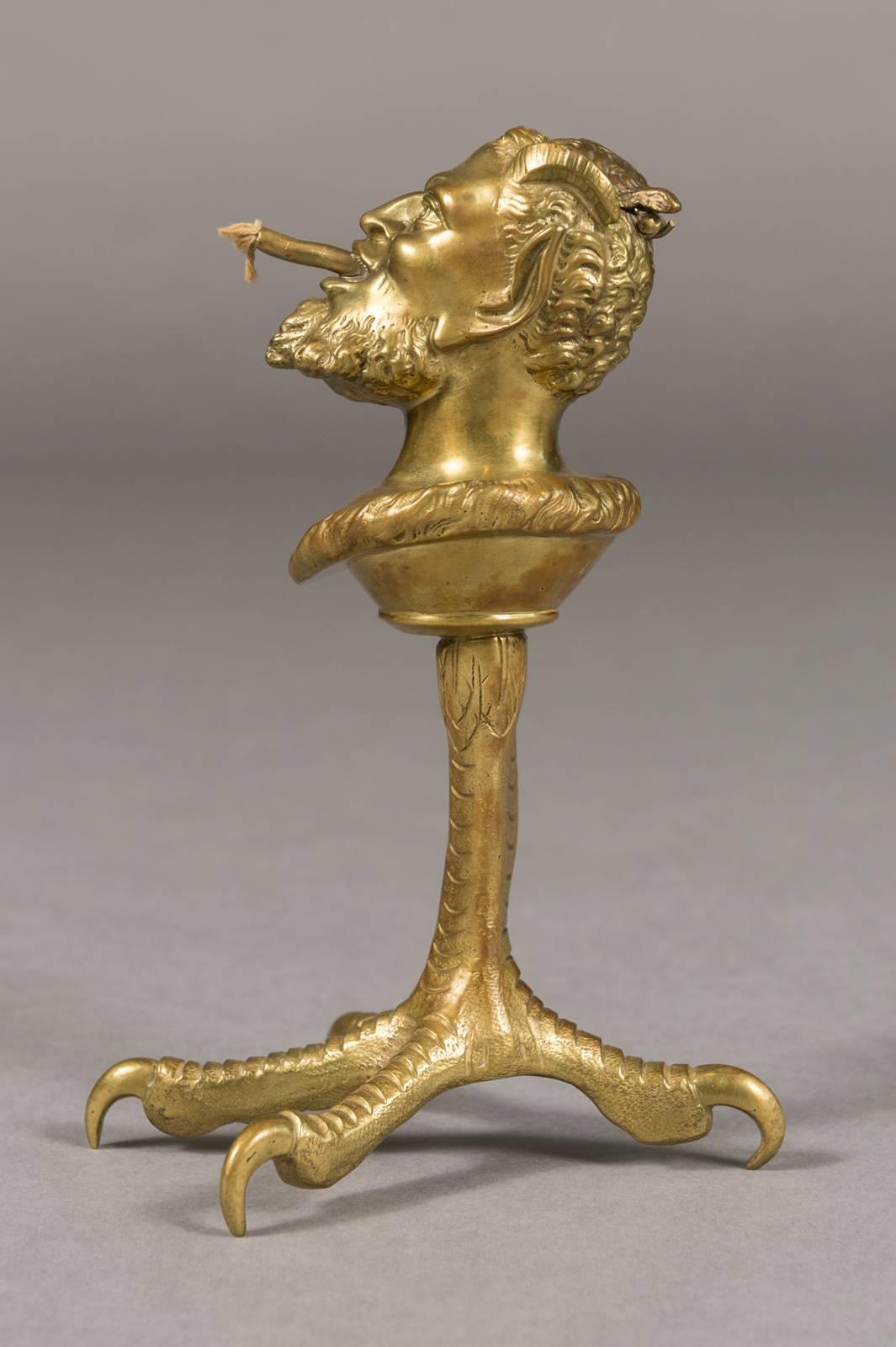 Early 20th Century French Doré Bronze Cigar Lighter Depicting Satyr Mounted Atop a Chicken Head