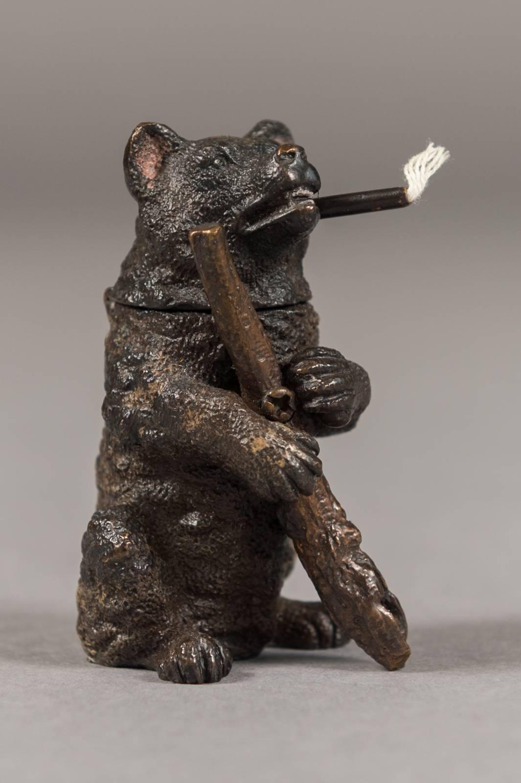 Austrian Bronze Figural Cigar Lighter Modeled as a Bear Holding a Rifle In Excellent Condition In Los Angeles, CA