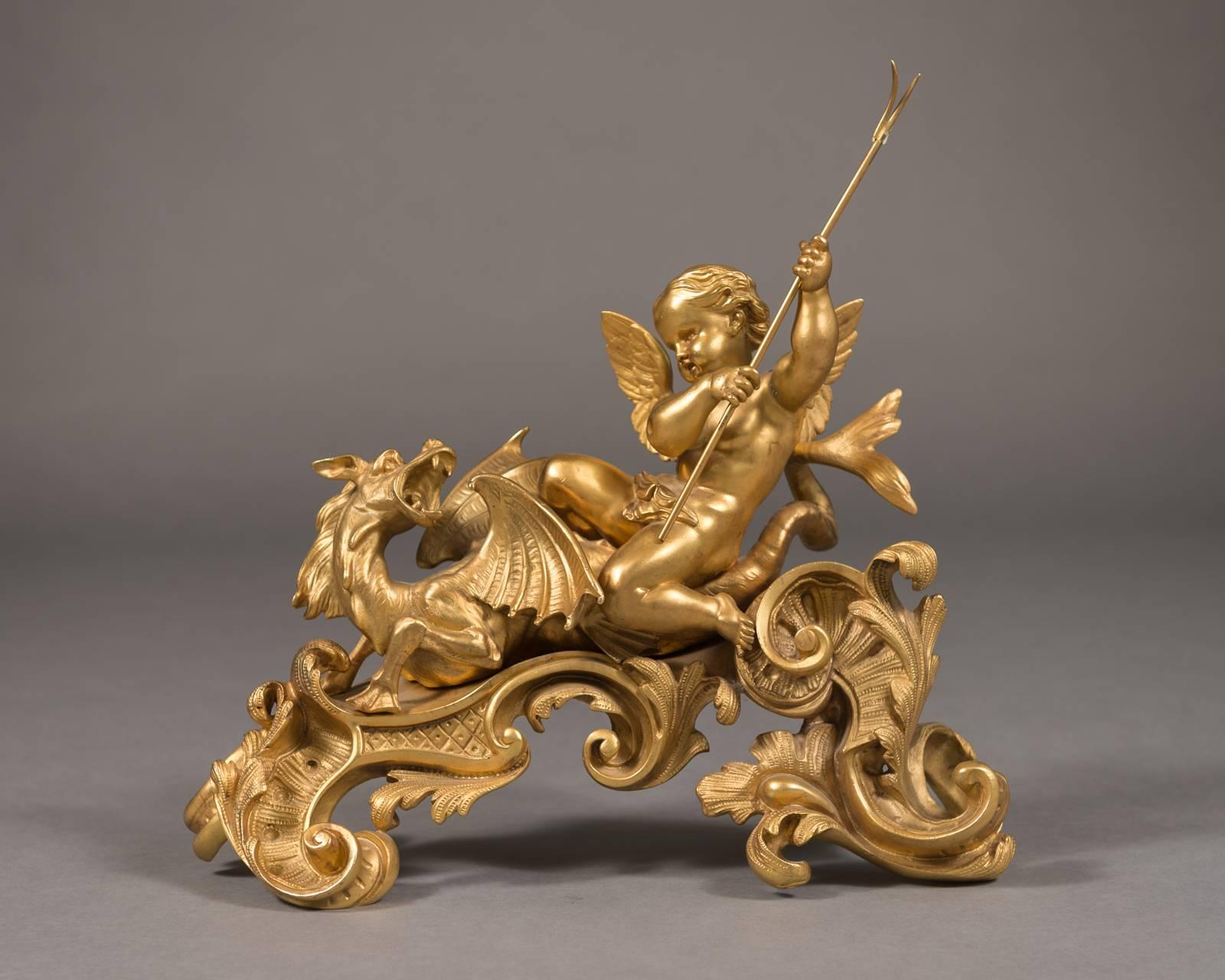 Rococo Fine Pair 19th Century French Figural Chenets Depicting Cherubs and Dragons