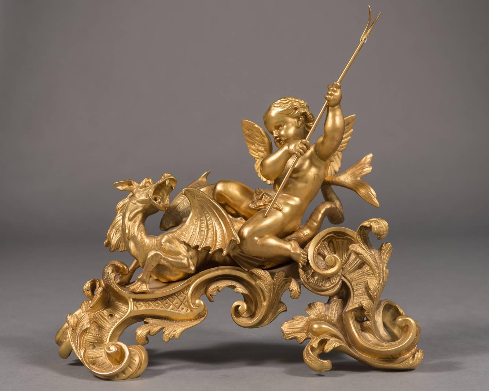 Fine Pair 19th Century French Figural Chenets Depicting Cherubs and Dragons In Excellent Condition In Los Angeles, CA