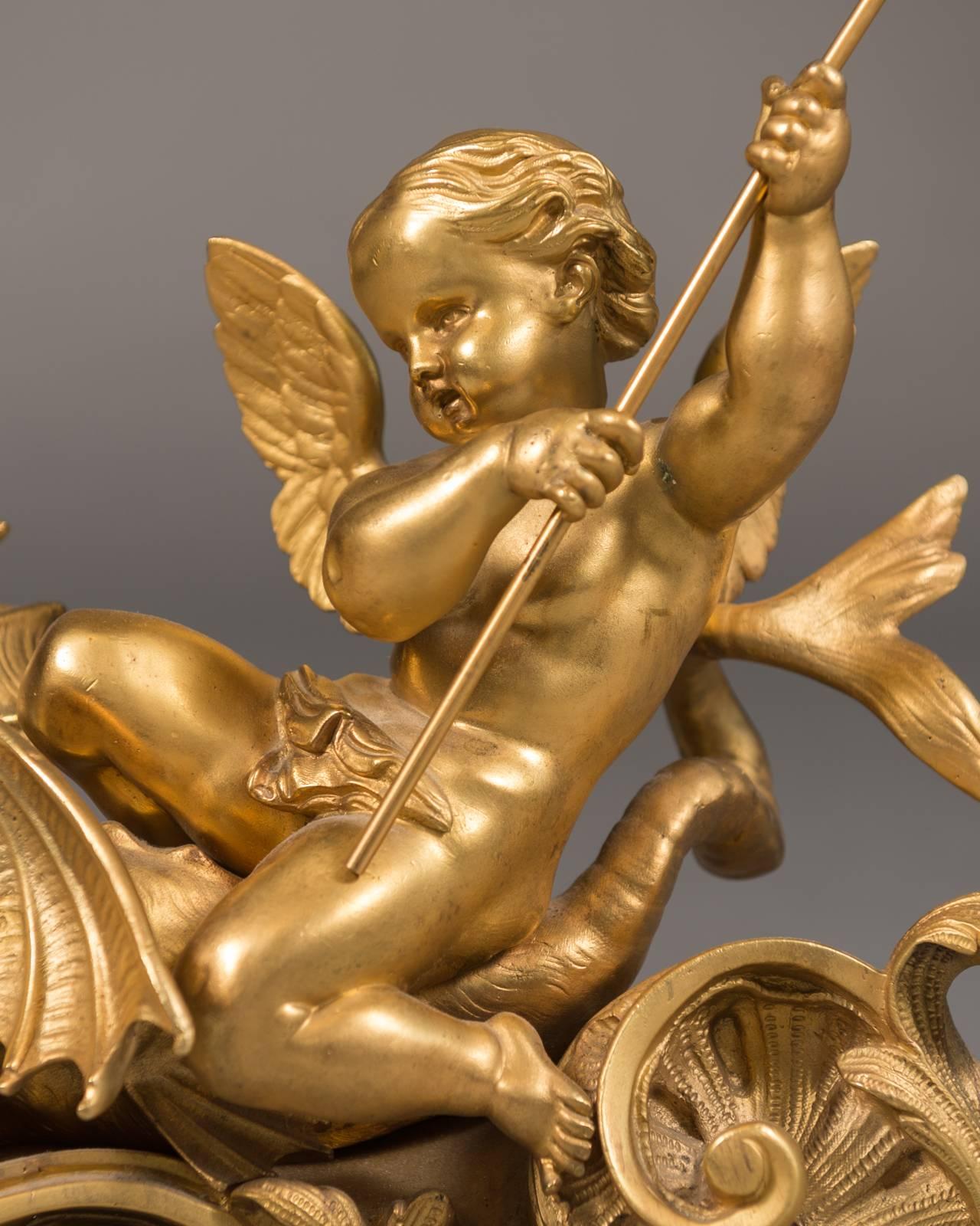 Late 19th Century Fine Pair 19th Century French Figural Chenets Depicting Cherubs and Dragons