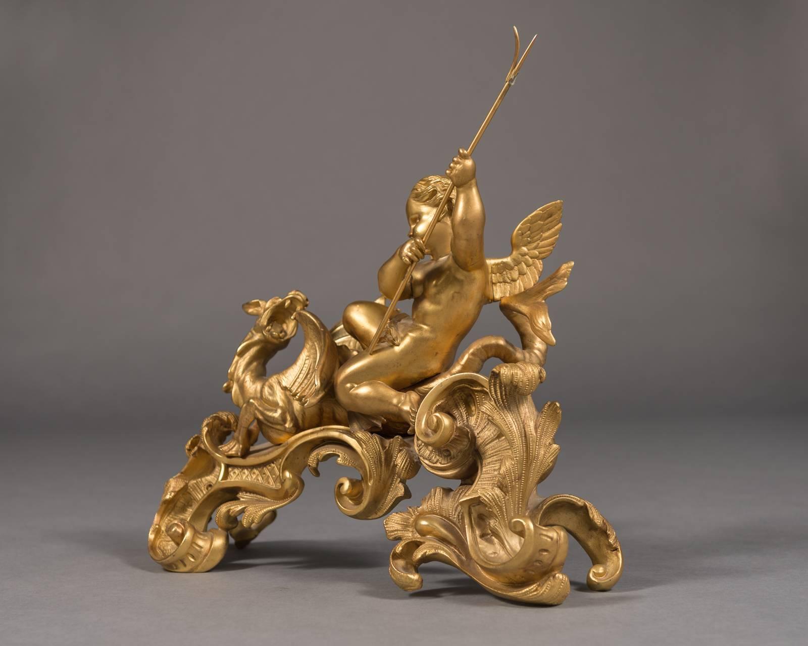 Bronze Fine Pair 19th Century French Figural Chenets Depicting Cherubs and Dragons