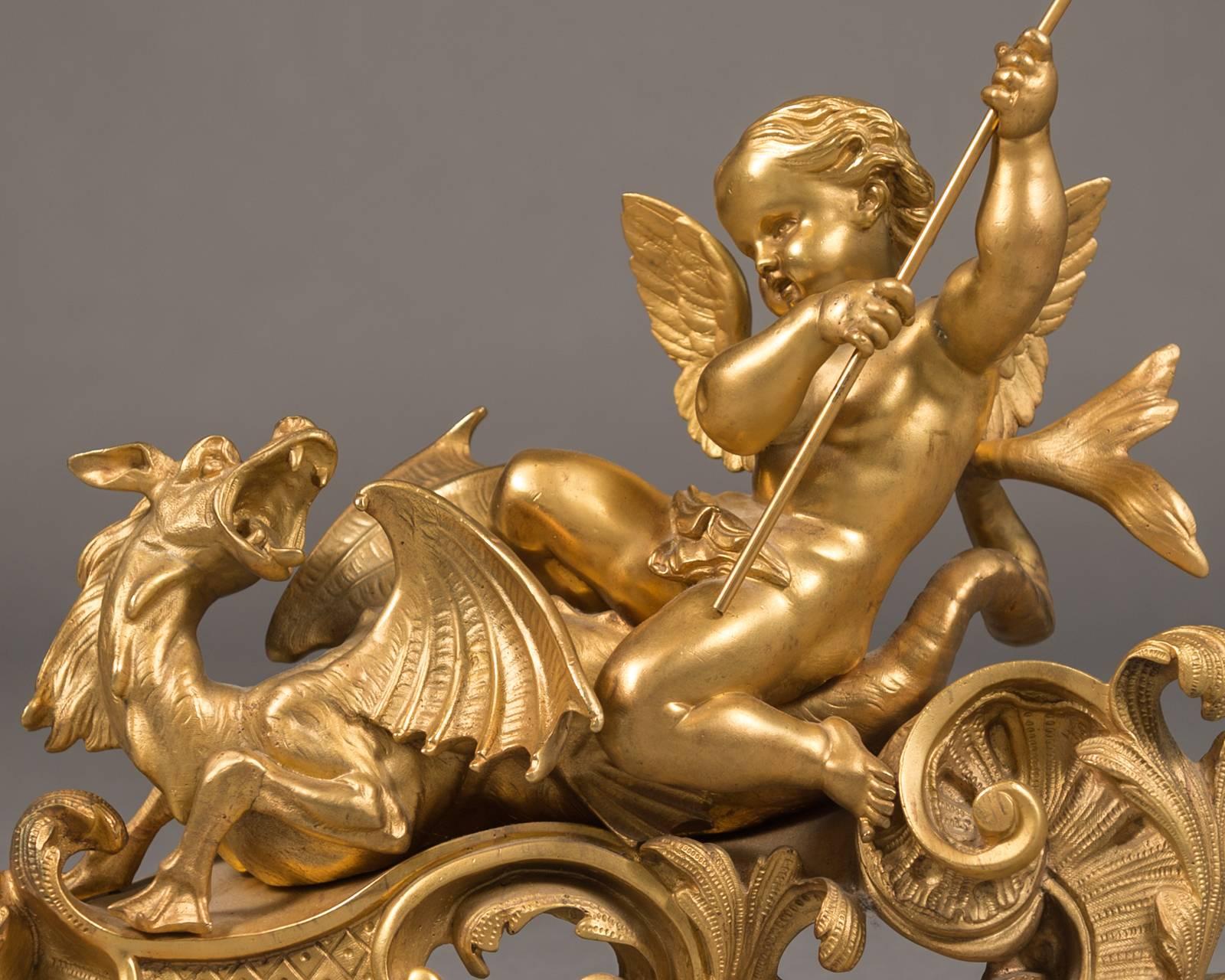 Fine Pair 19th Century French Figural Chenets Depicting Cherubs and Dragons 1