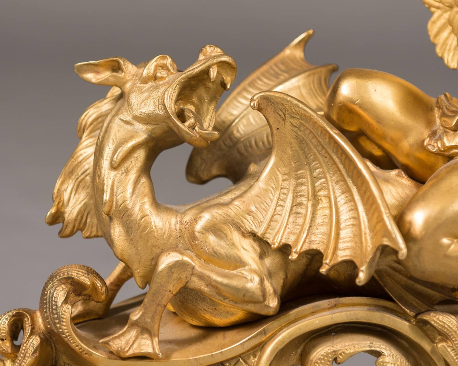 Fine Pair 19th Century French Figural Chenets Depicting Cherubs and Dragons 2