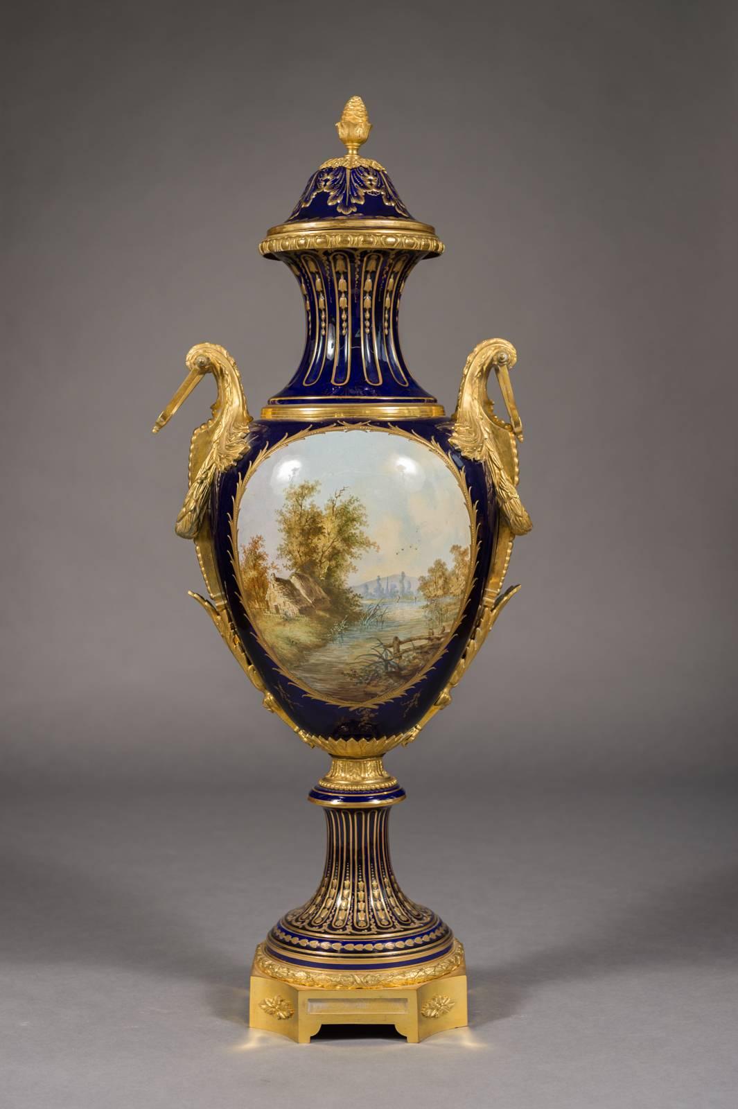 Gilt Large 19th Century French Sevres Ormolu Mounted Porcelain Covered Vase For Sale