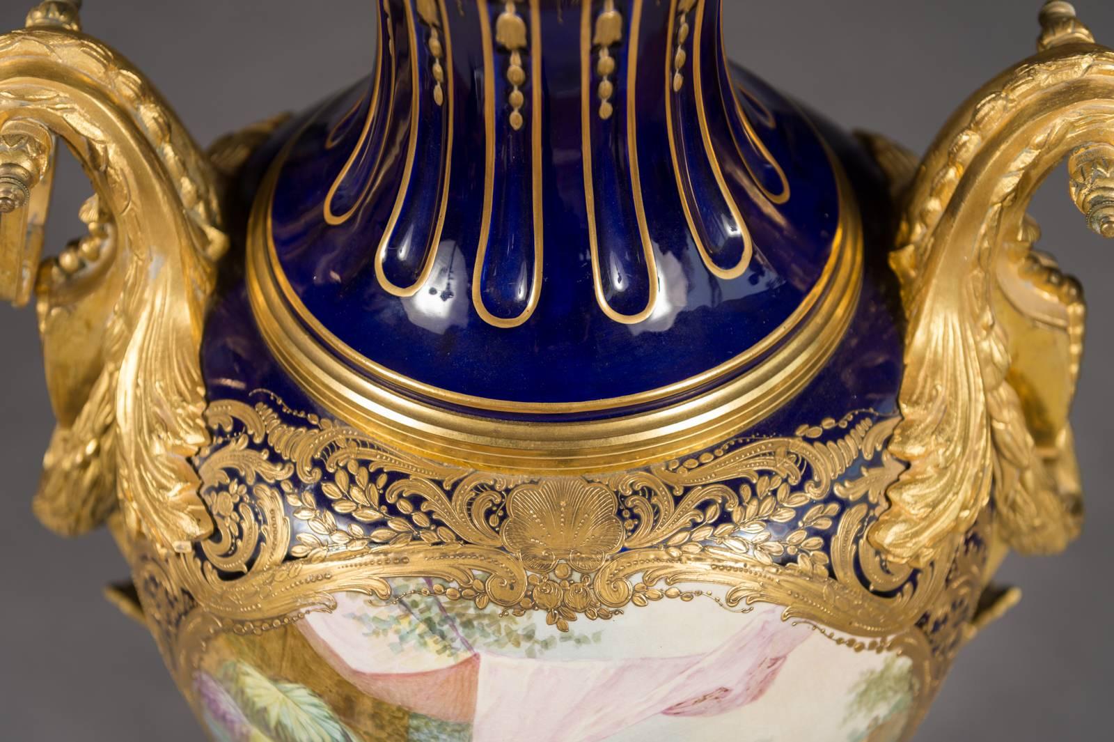 Large 19th Century French Sevres Ormolu Mounted Porcelain Covered Vase For Sale 2