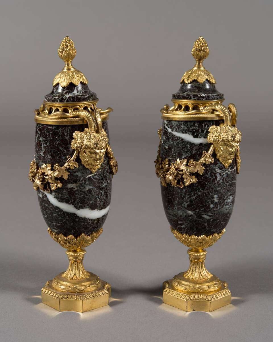 Une paire exquise de Cassolettes de style Louis XVI du 19ème siècle en bronze doré et marbre français. Chacune est montée de raisins et de feuilles de vigne en bronze doré de première qualité, flanqués de deux têtes de Dionysos.

Hauteur 12 1/4