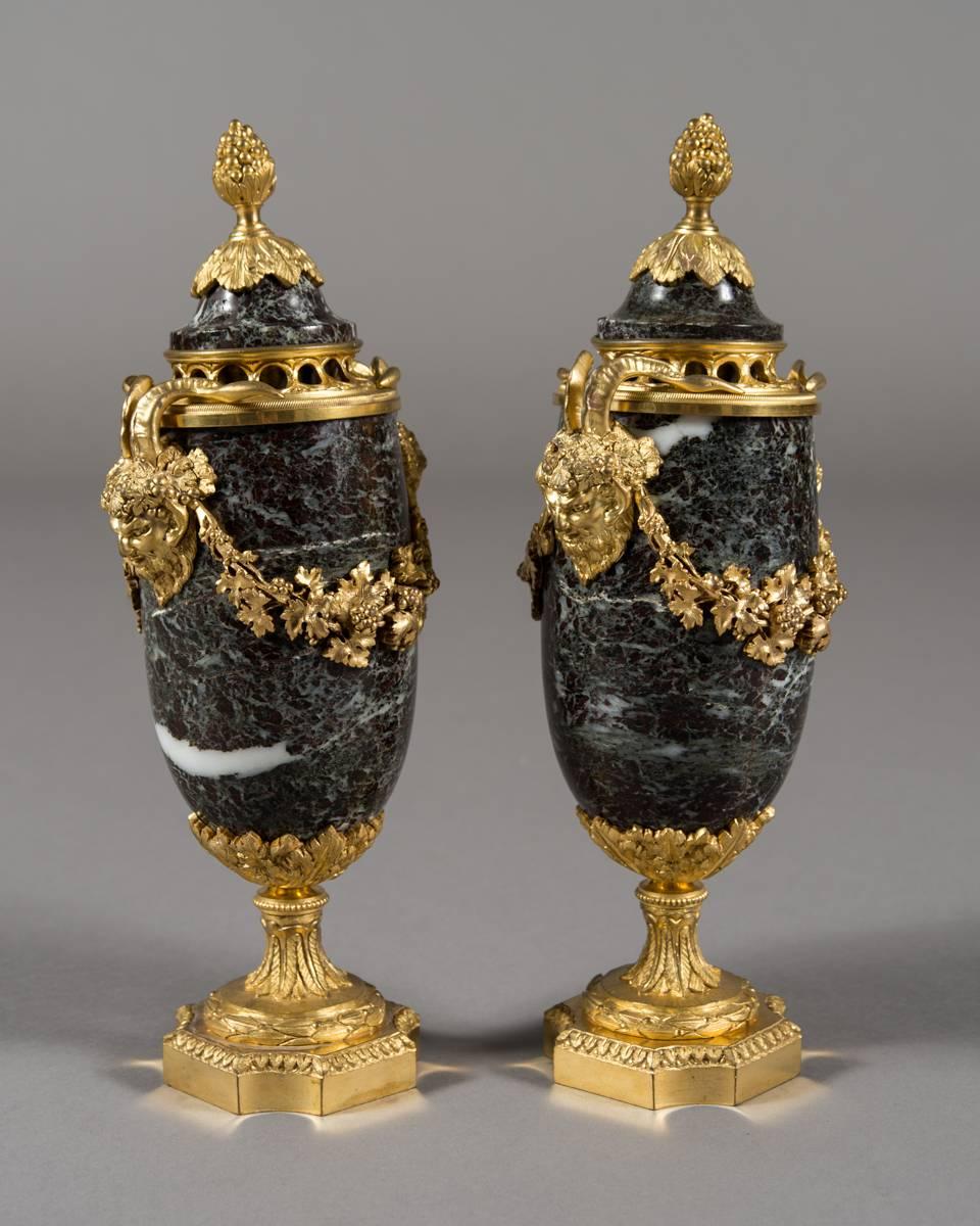 Hand-Carved Pair 19th Century French Ormolu mounted Marble Cassolettes