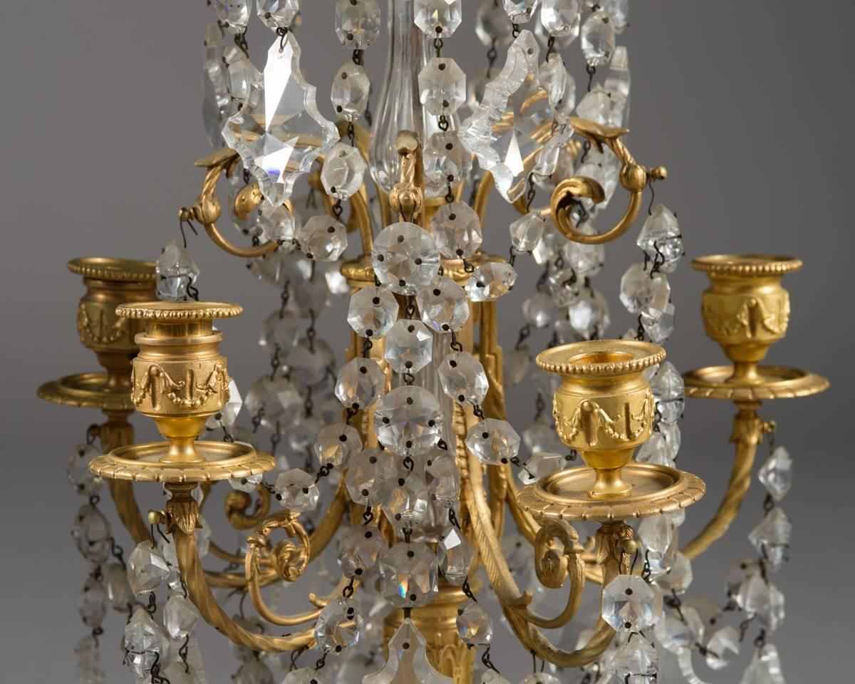 Pair of French Louis XVI Style Gilt Bronze and Crystal 19th Century Girandoles For Sale 3