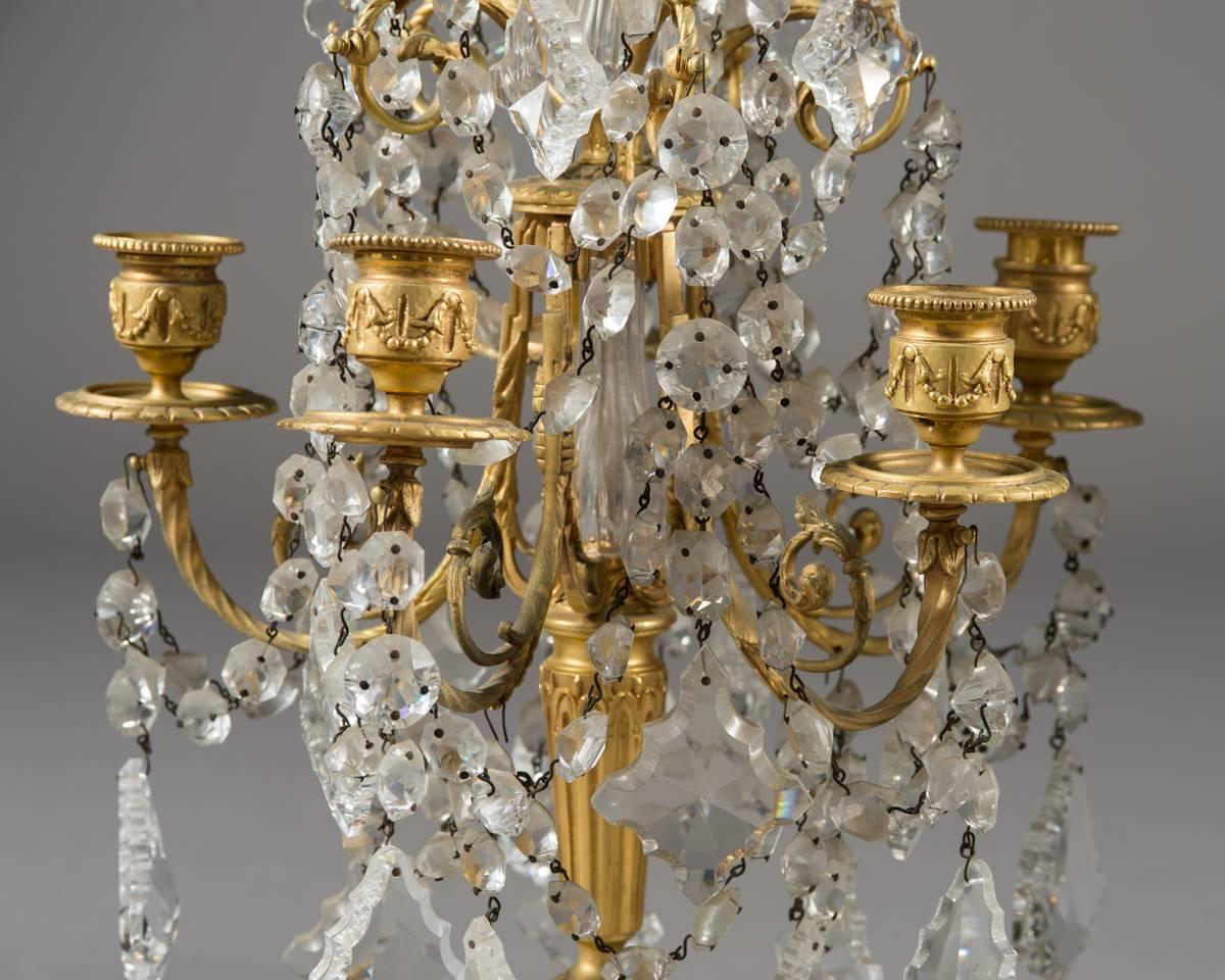 Pair of French Louis XVI Style Gilt Bronze and Crystal 19th Century Girandoles For Sale 4