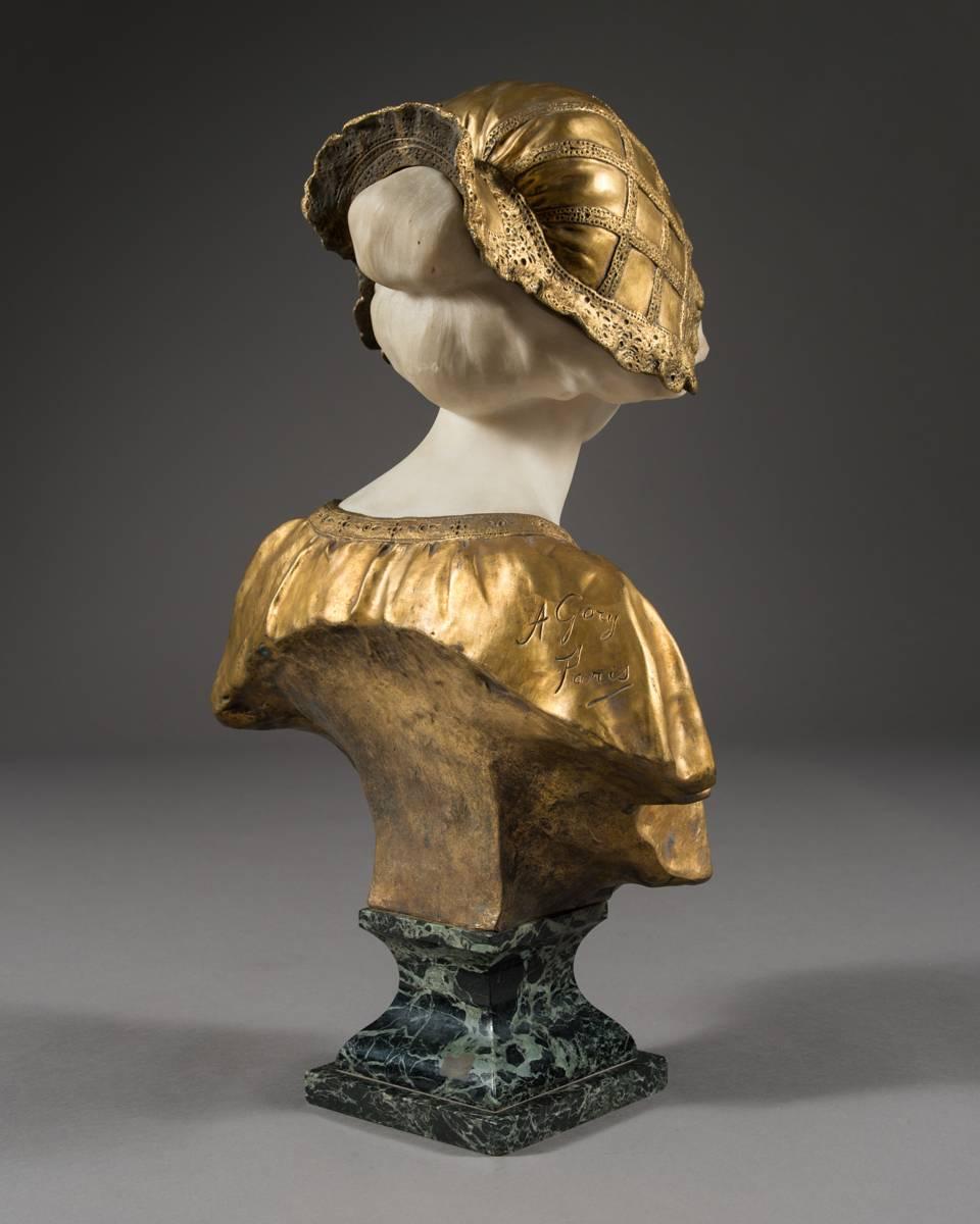 Hand-Carved Affortunato Gory, Italian Gilt Bronze and Marble Bust, Late 19th Century, Signed