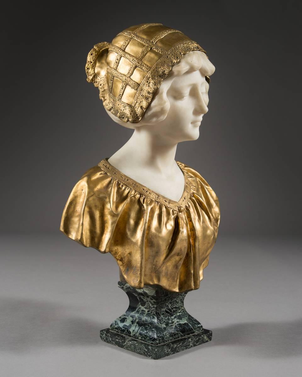 Affortunato Gory, Italian Gilt Bronze and Marble Bust, Late 19th Century, Signed In Excellent Condition In Los Angeles, CA