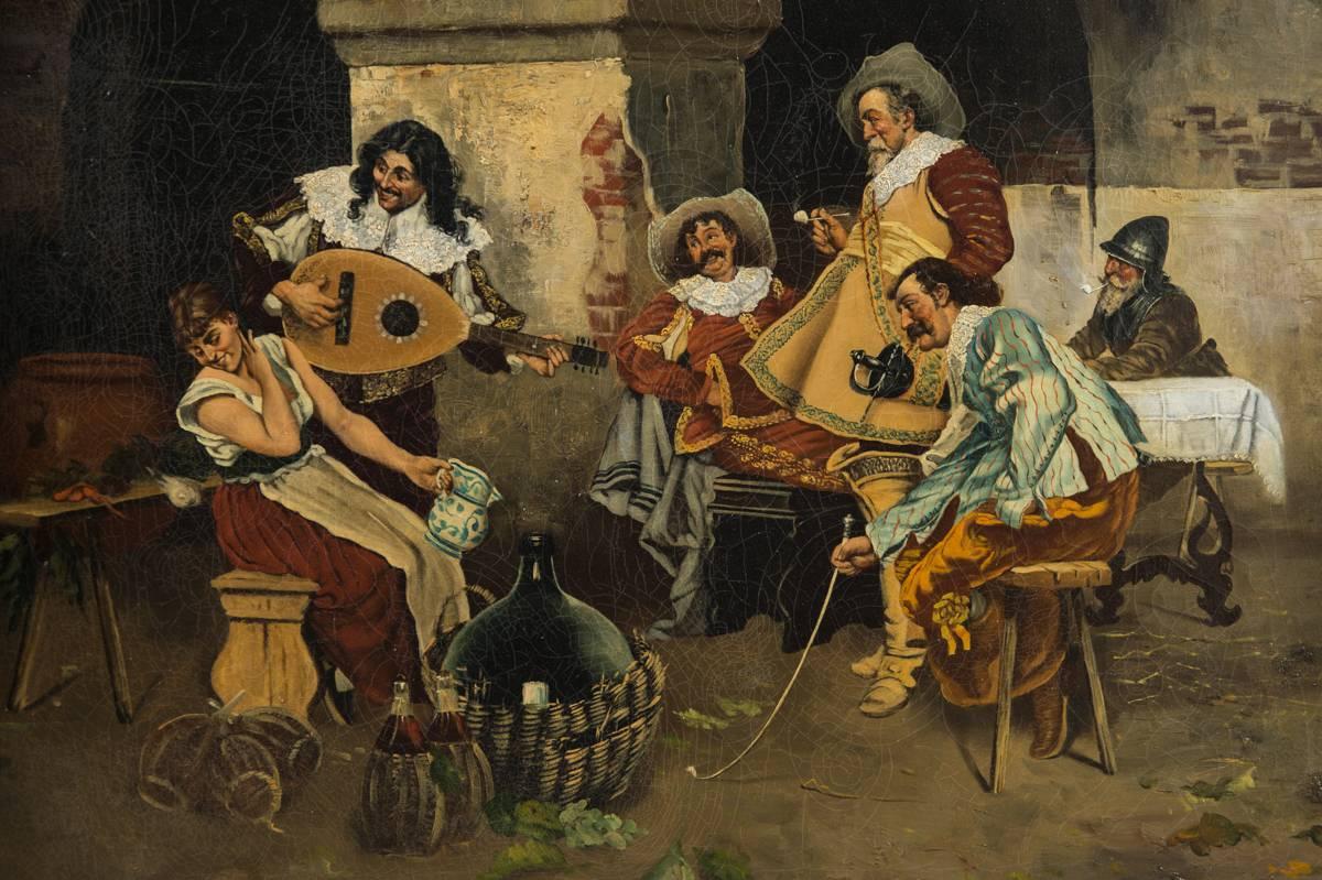This amusing Italian genre oil painting on canvas by Novelli depicts a gallant courtship that captures the romanticized image of musketeers. Novelli illustrates four musketeers, three of them sitting on the right side of the painting while one of