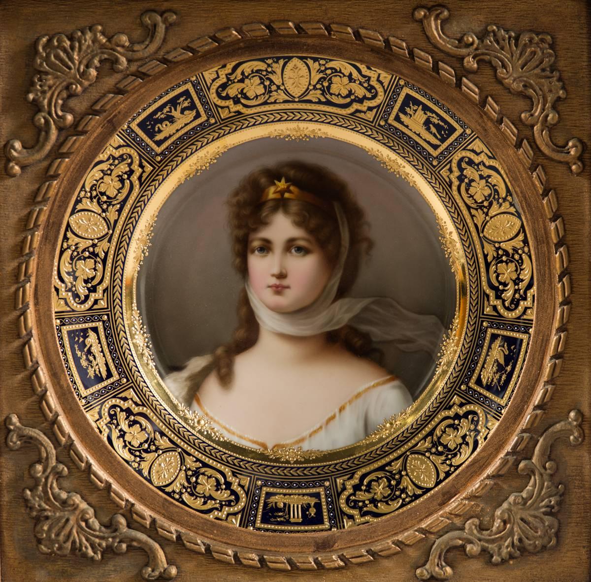 Hand-Painted Very Fine 19th Century Royal Vienna Framed Plate of Queen Louisa For Sale