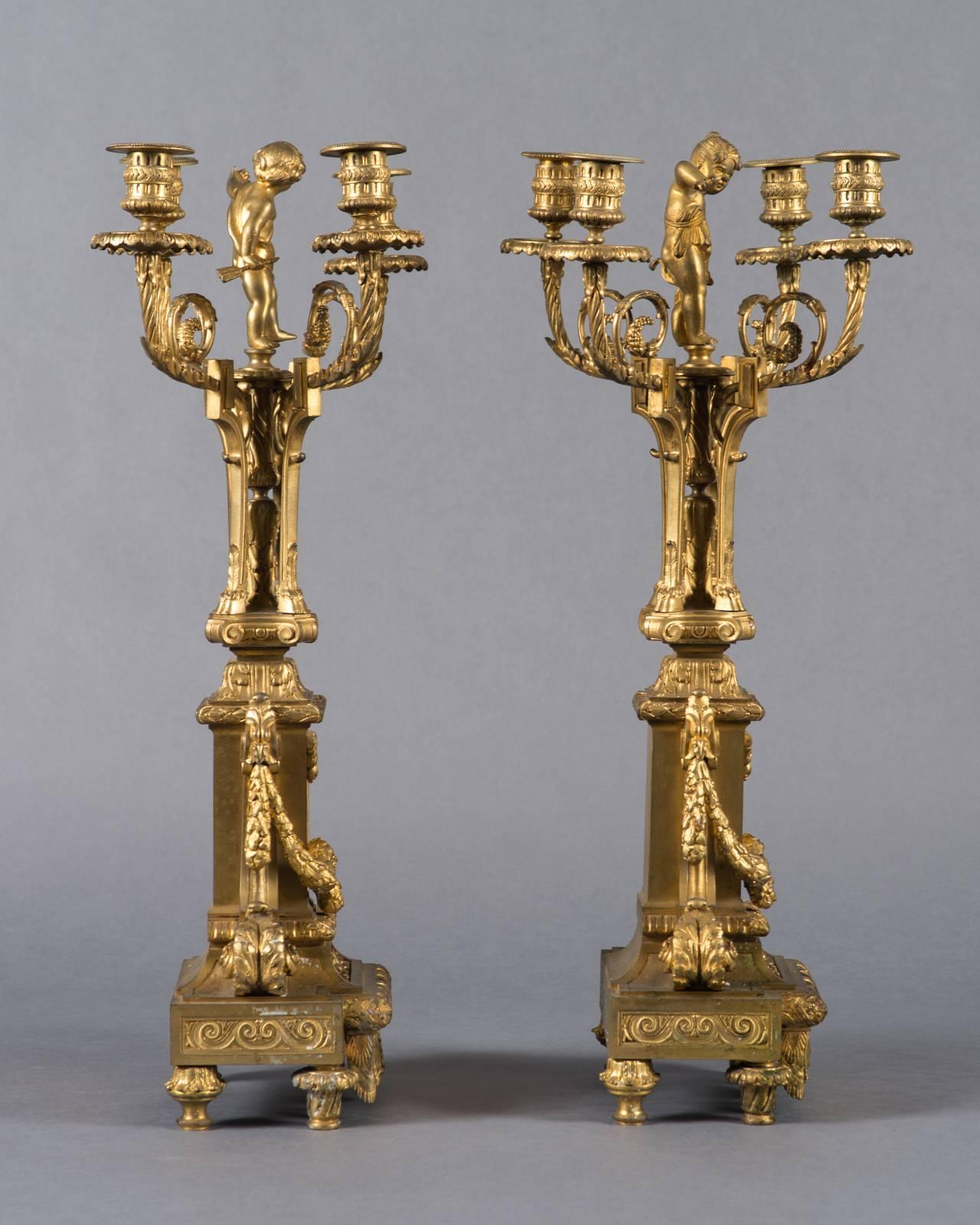 Pair of 19th Century French Gilt Bronze Four-Branch Figural Candelabras For Sale 4