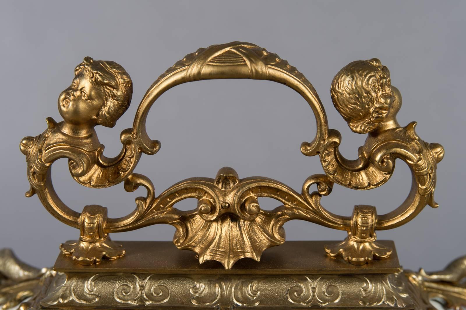 Bronze Large German Gilt and Silvered bronze Painted Porcelain Jewel Box/Casket