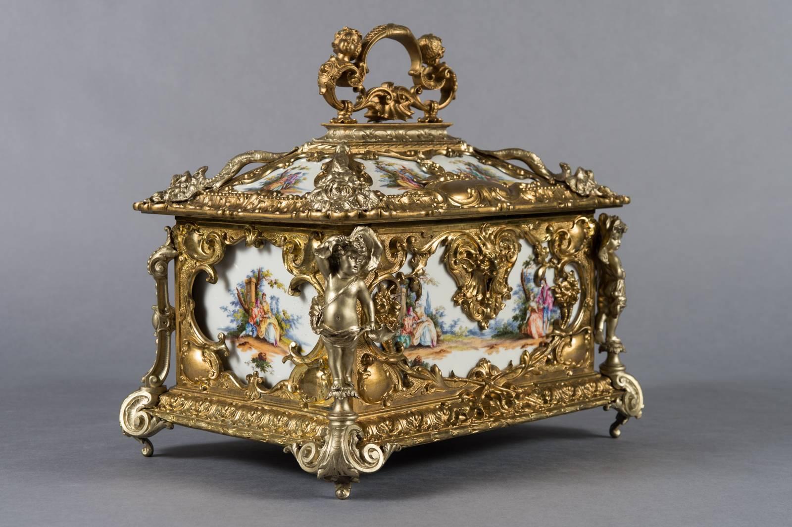 Large German Gilt and Silvered bronze Painted Porcelain Jewel Box/Casket 1