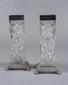 Exceptional Pair of Baccarat and Russian Silver Cut Crystal Vases