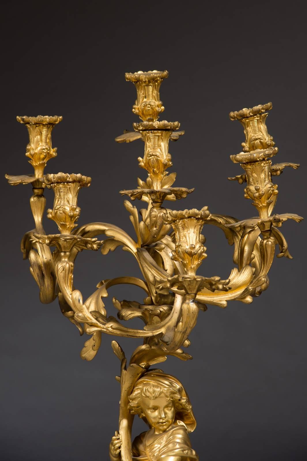 Very Fine Pair of 19th Century French Gilt Bronze Candelabras by Victor Raulin In Good Condition For Sale In Los Angeles, CA