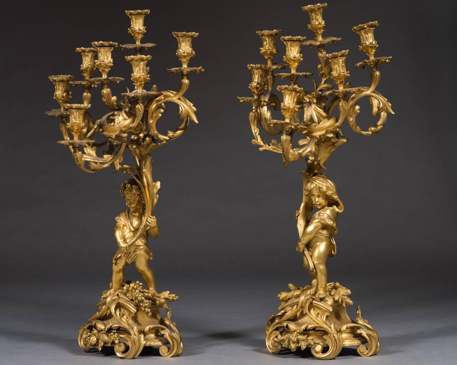 Very Fine Pair of 19th Century French Gilt Bronze Candelabras by Victor Raulin For Sale 2