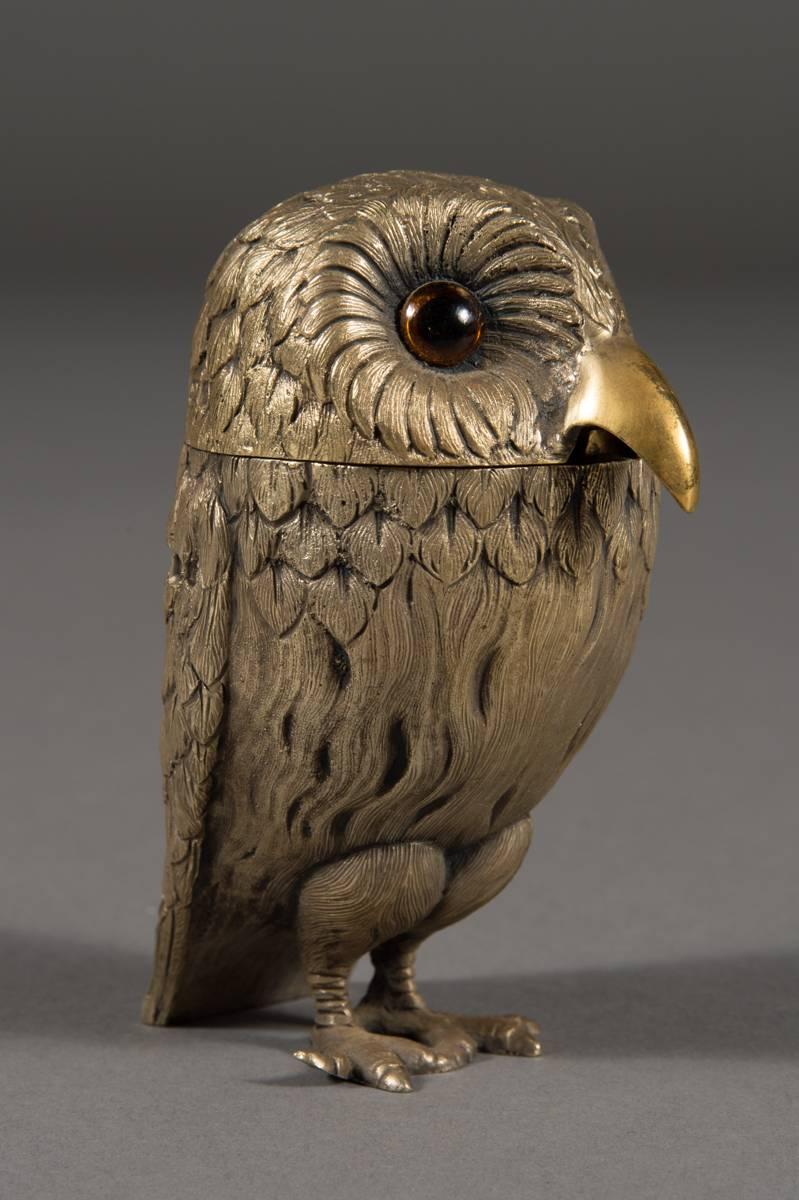 Late 20th Century English Sterling Silver Owl Form Mustard Pot, Tiffany & Co, London, 1972 