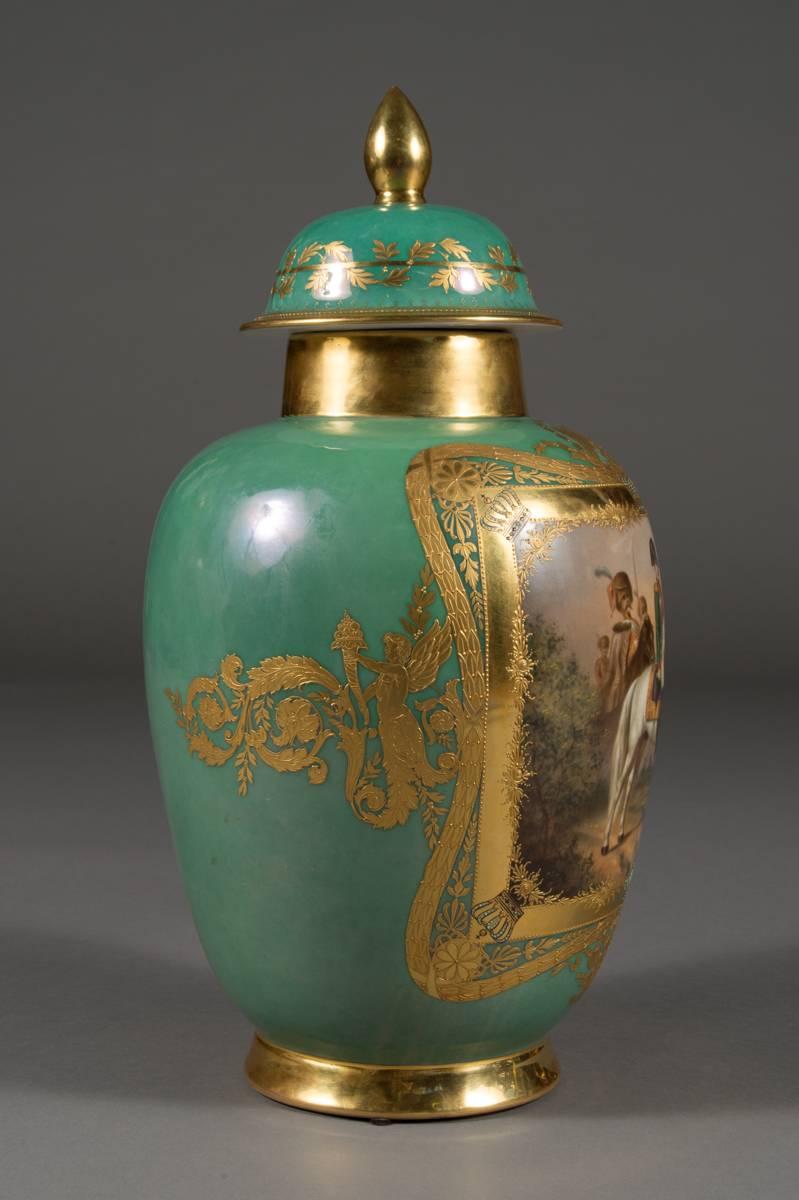 20th Century Antique Dresden Porcelain Jeweled Napoleonic Covered Vase