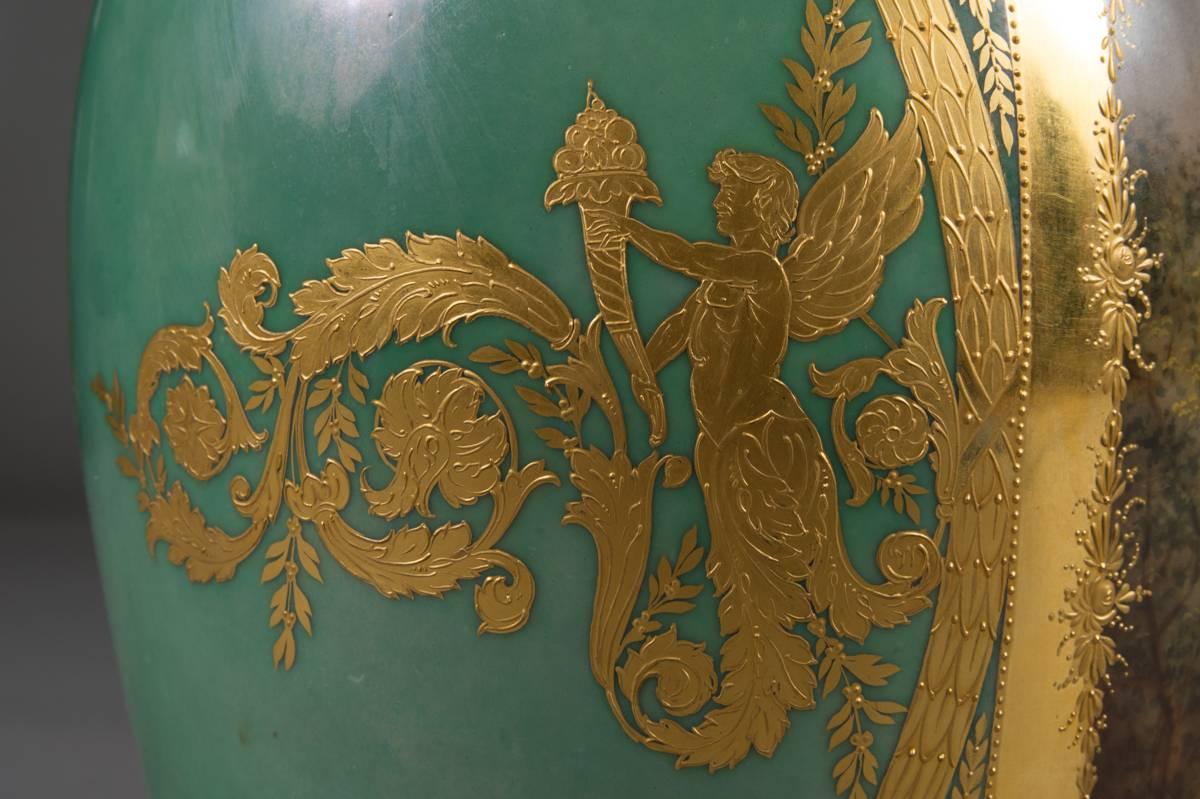 Gold Leaf Antique Dresden Porcelain Jeweled Napoleonic Covered Vase