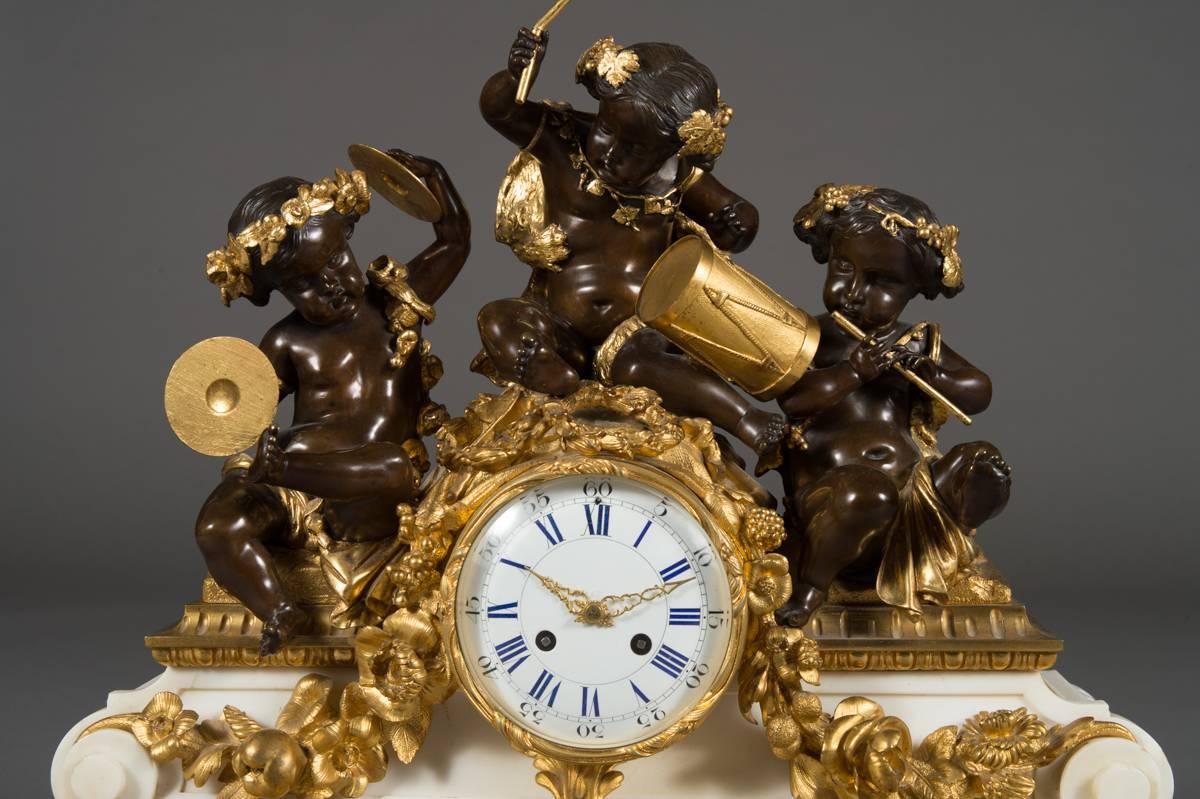 Napoleon III French Antique Ormolu Patinated Bronze and Marble Mantel Clock