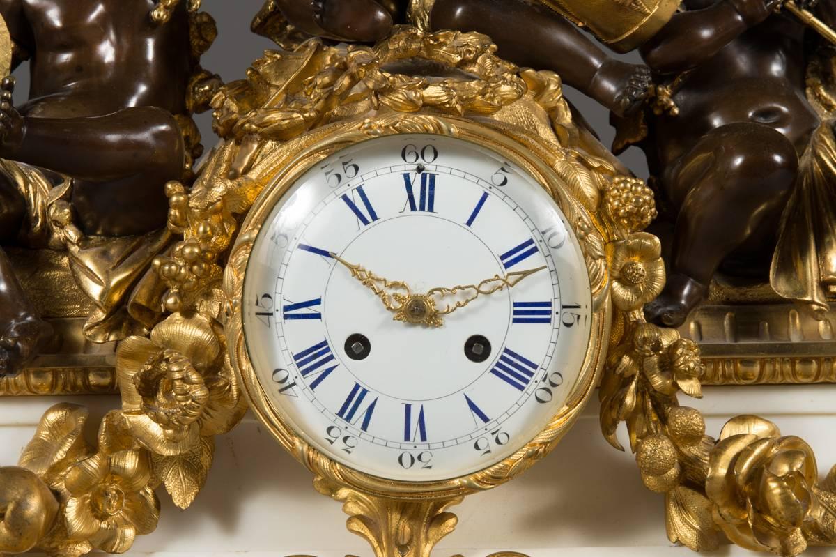 Late 19th Century French Antique Ormolu Patinated Bronze and Marble Mantel Clock