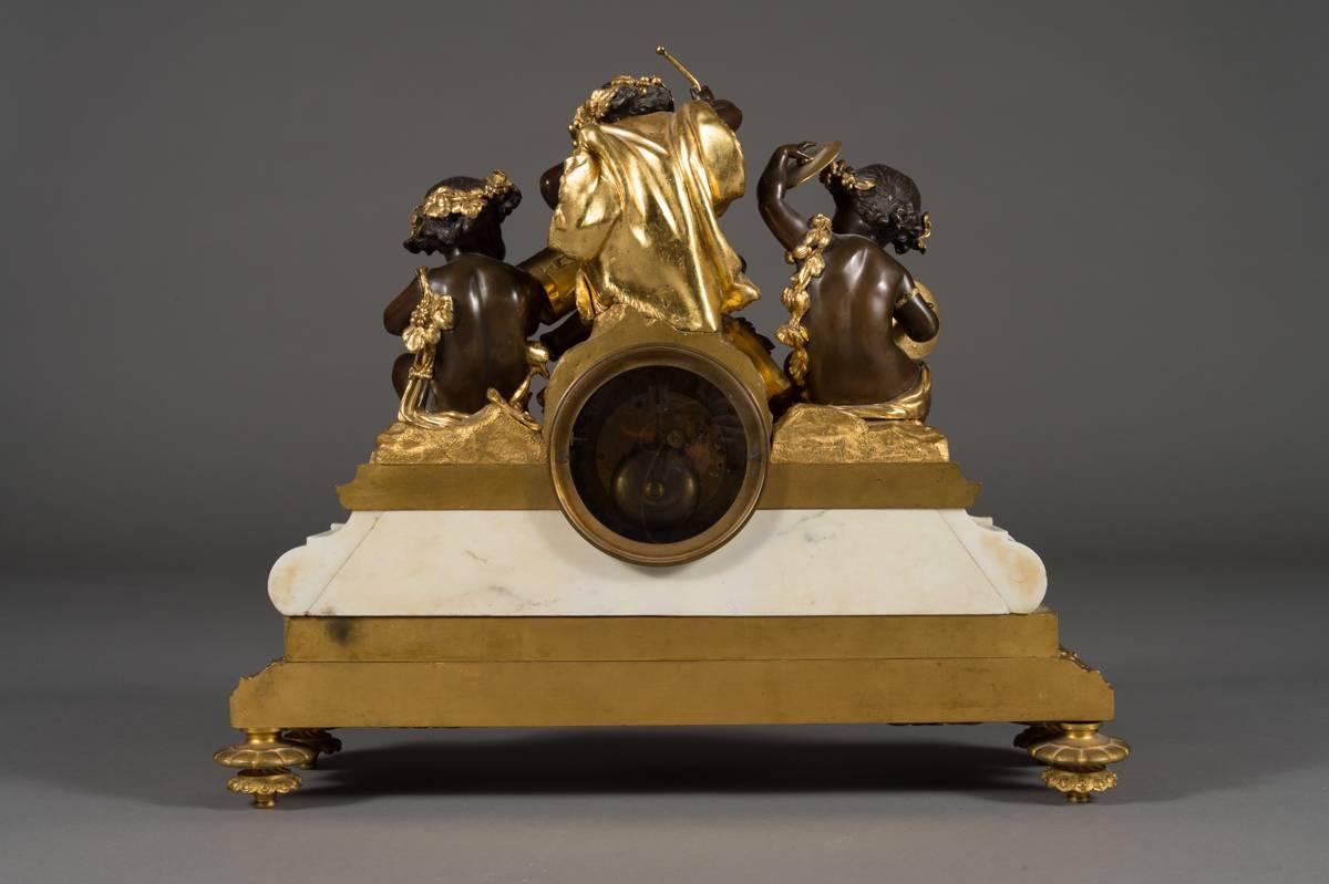 Gilt French Antique Ormolu Patinated Bronze and Marble Mantel Clock