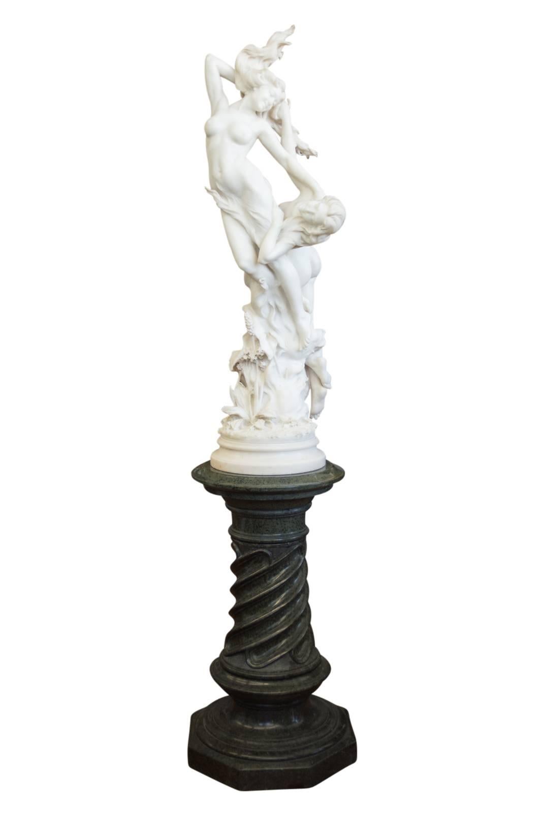 A Superb Italian Carved White marble Figure Depicting Two Sinuous Intertwined Nude Ladies by Vitorio Caradossi, on a Green Marble Pedestal.

Vitorio Caradossi (Florence, 1861-1909)

Dimensions of figure: 54