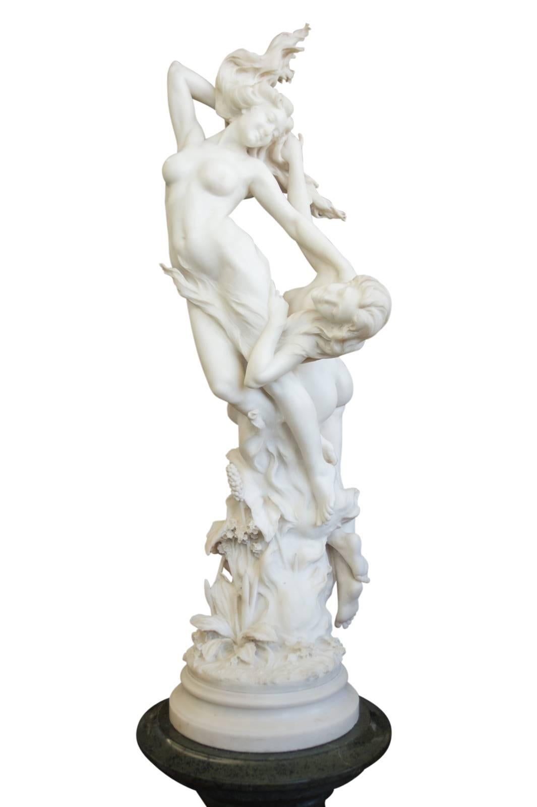 Hand-Carved Superb Italian Marble group of Two Intertwined Ladies by Vittorio Caradossi
