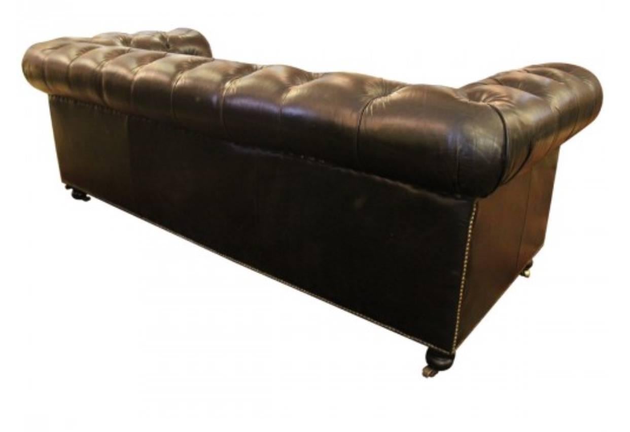 Large Ralph Lauren Black Leather Tufted Cigar Couch In Excellent Condition In Los Angeles, CA