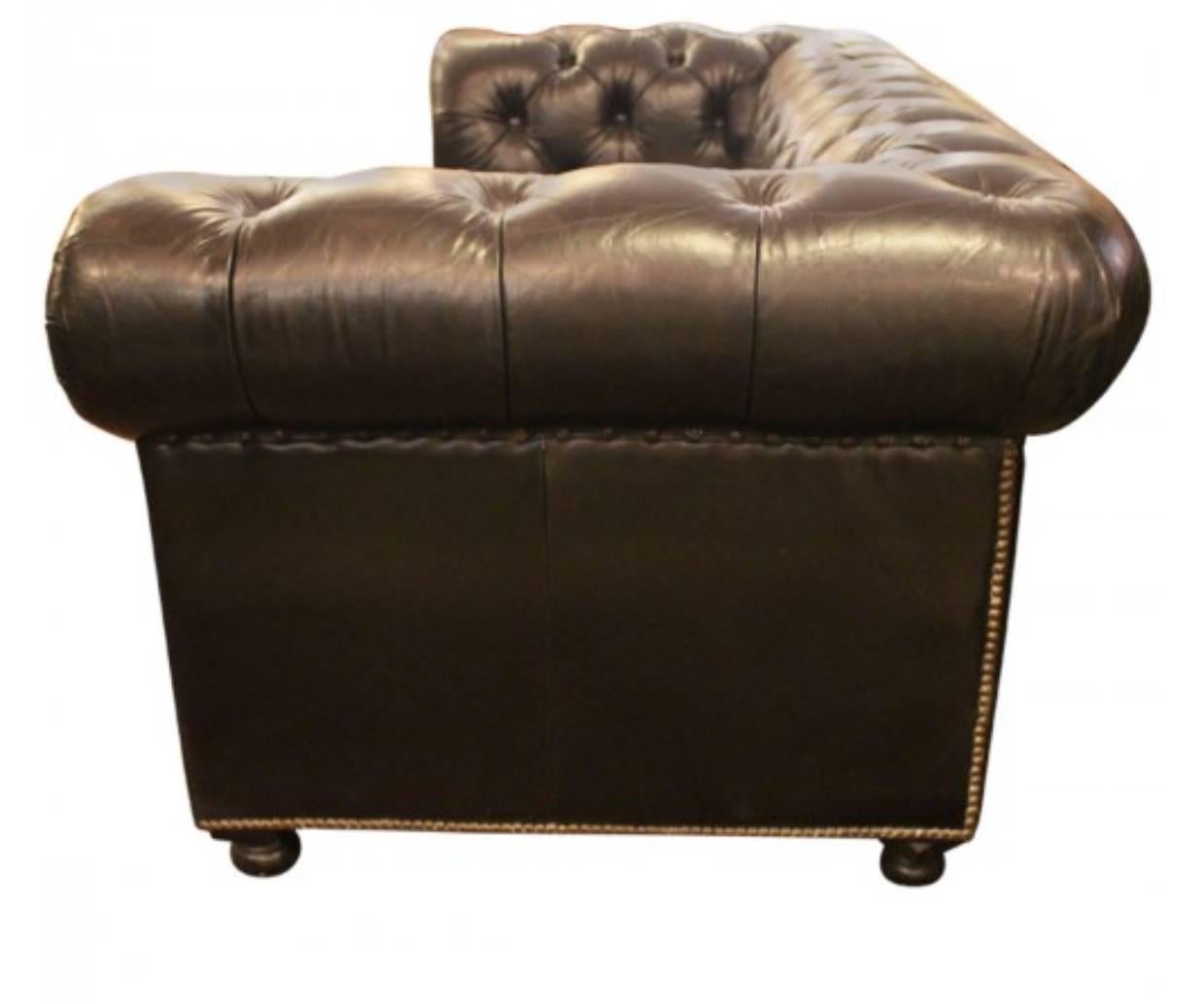 Large Ralph Lauren Black Leather Tufted Cigar Couch 2