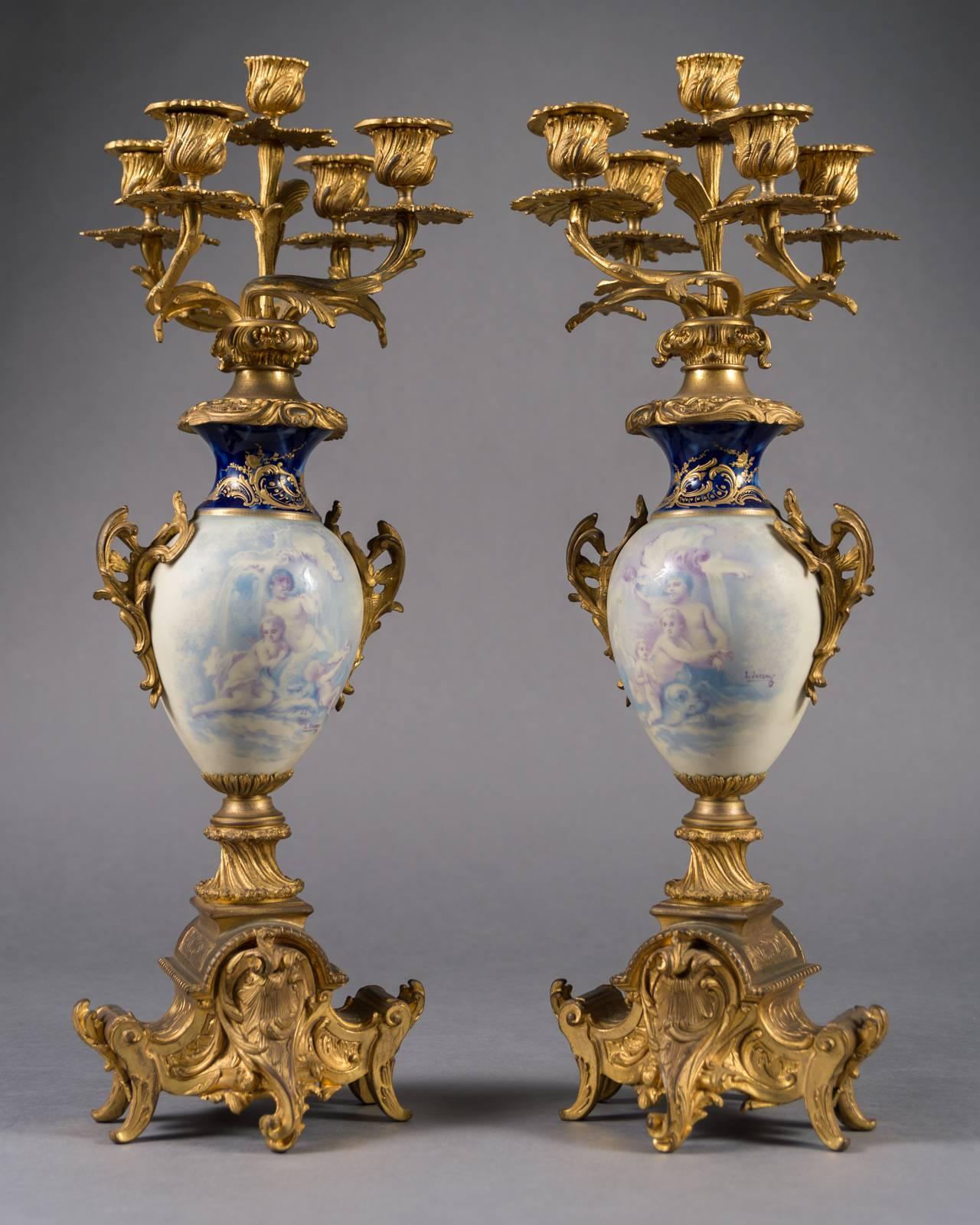 19th Century French Gilt Bronze and White Porcelain Three-Piece Garniture Set For Sale 4