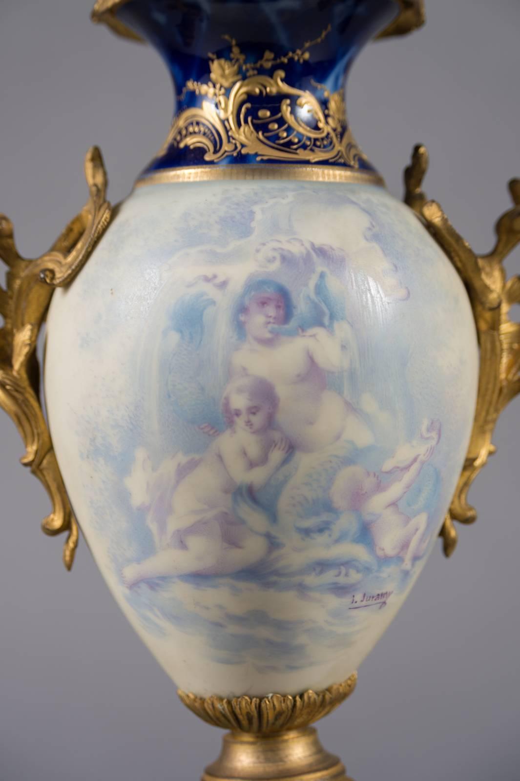 19th Century French Gilt Bronze and White Porcelain Three-Piece Garniture Set For Sale 6