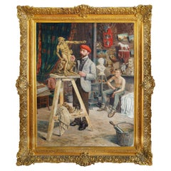 Antique Large Oil Painting "Intérieur D'atelier" ‘Workshop Interior’ by Gustave Cambier