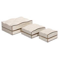 Set of 3 Quilted Boxes in Cream Shagreen with Bronze Patina Brass by Kifu Paris