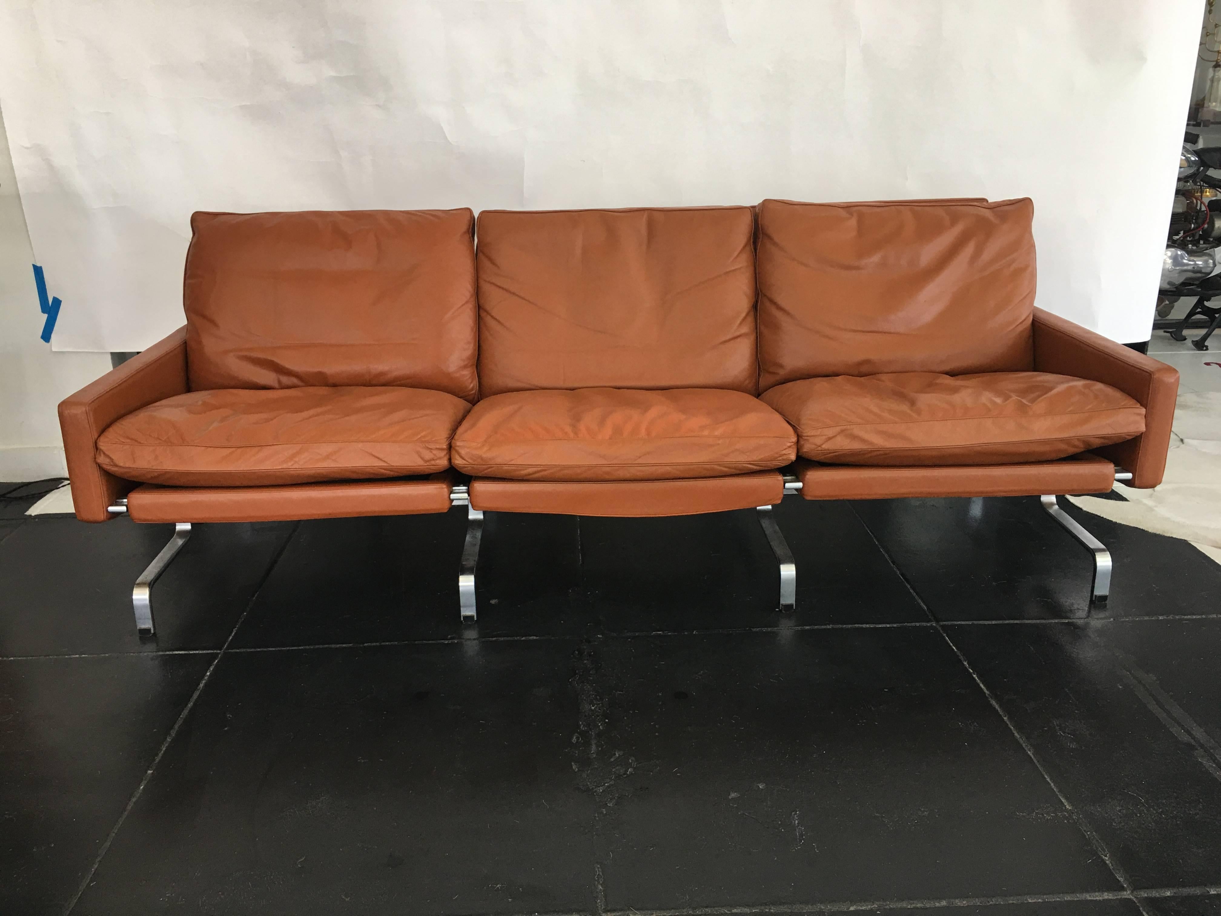 Most incredible PK31/3 sofa by Poul Kjaerholm, deigned 1958, produced 1970s for E, Kold Christensen. Tan color leather and matte chrome-plated steel, excellent condition.
 