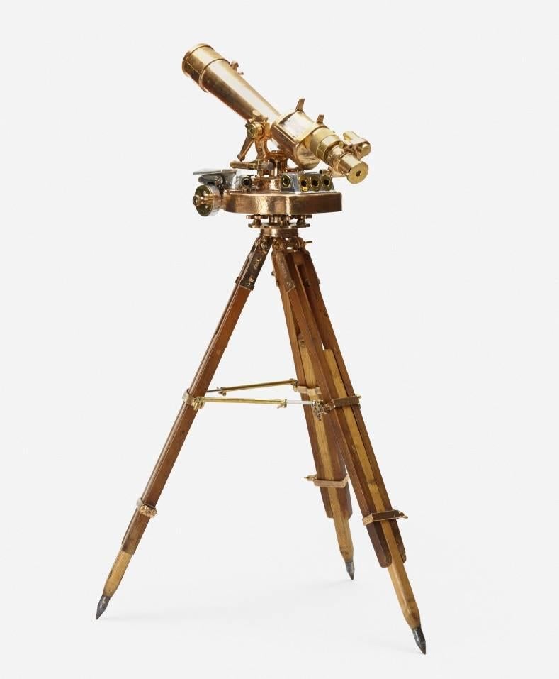 Most amazing artillery telescope with tripod by The Herschede Hall Clock Co, USA, 1944. Brass, enameled aluminium, beech. Signed with applied metal manufacturer's labels: [Telescope M1910A1No.2244 The Herschede Hall Clock Co, 1944] and [Instrument