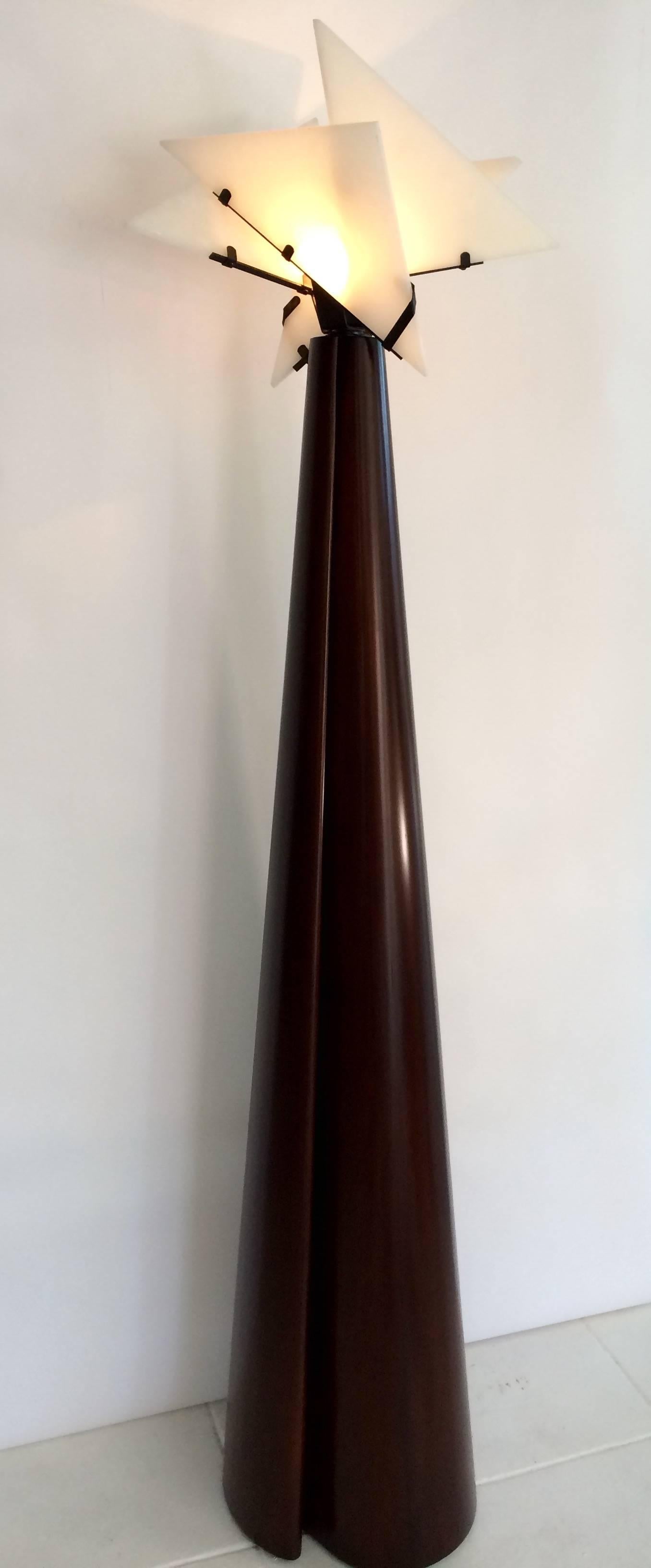 Most amazing and unique floor lamp by Pierre Chareau.  Mahogany with alabaster shades.