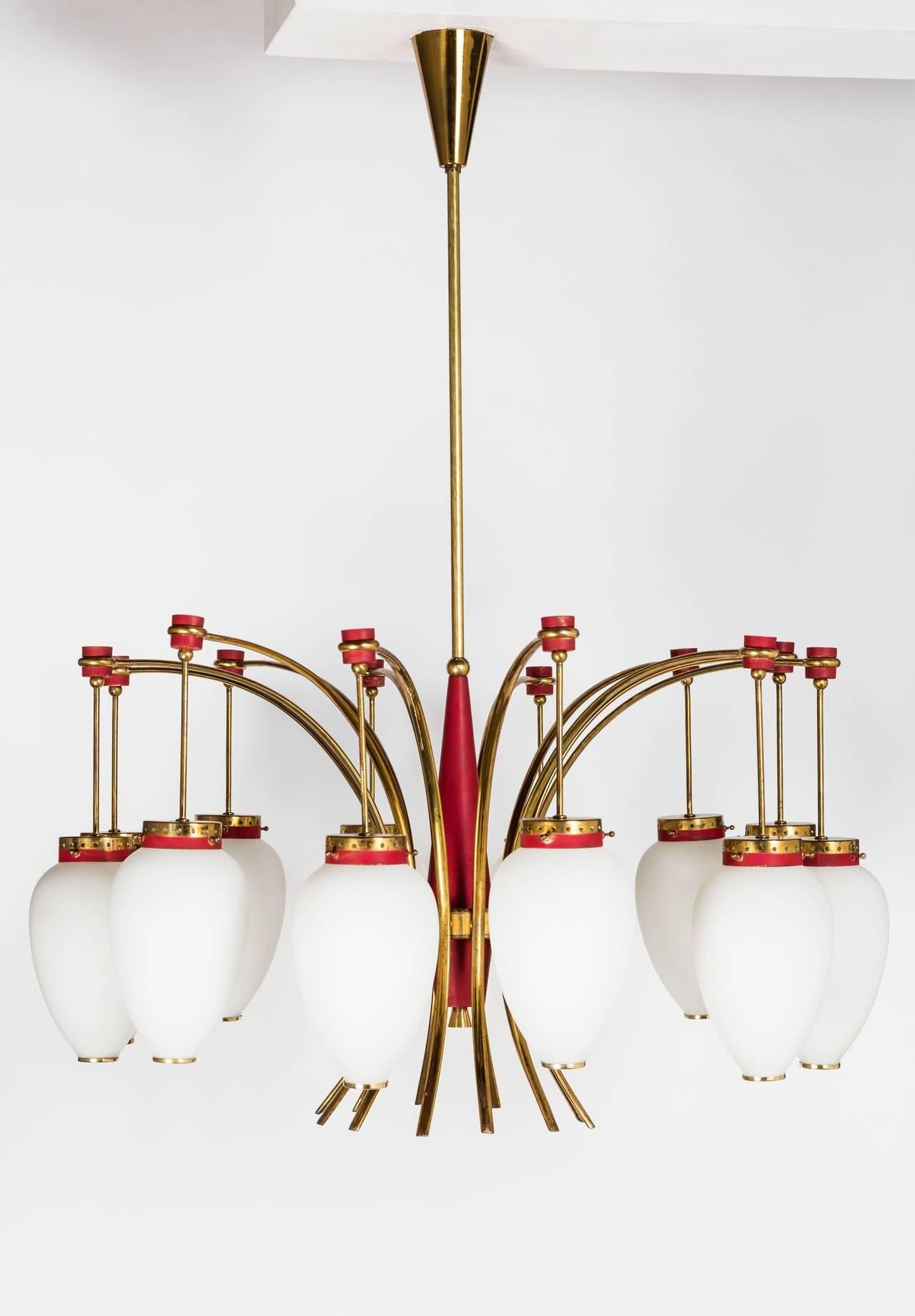Unbelievable 1950s Italian twelve-globe Stilnovo chandelier, two-tone brass and satin glass.
