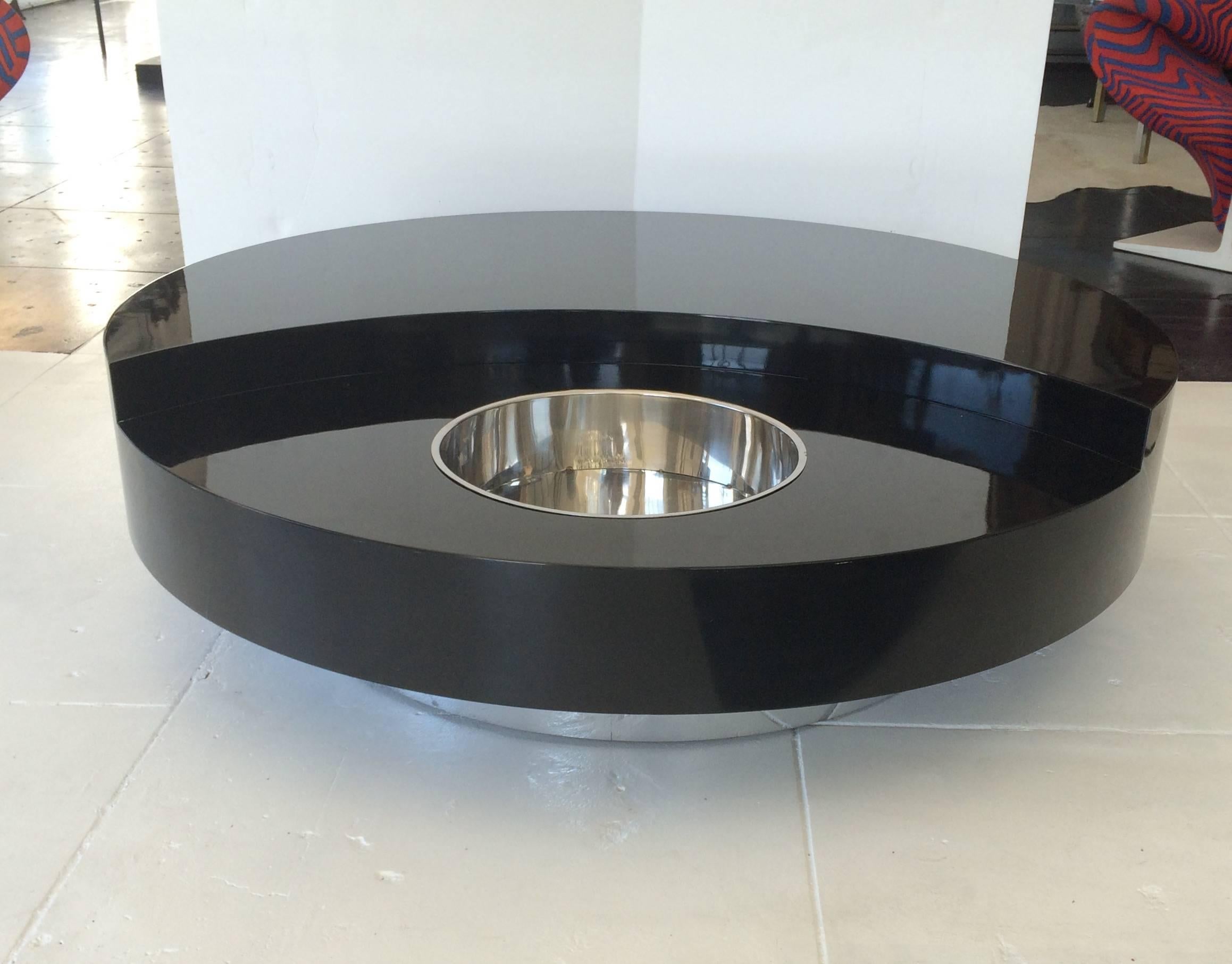 Most incredible Revolving Coffee Table by Willy Rizzo, 1960s. Black lacquer with stainless steel base and bar tray.