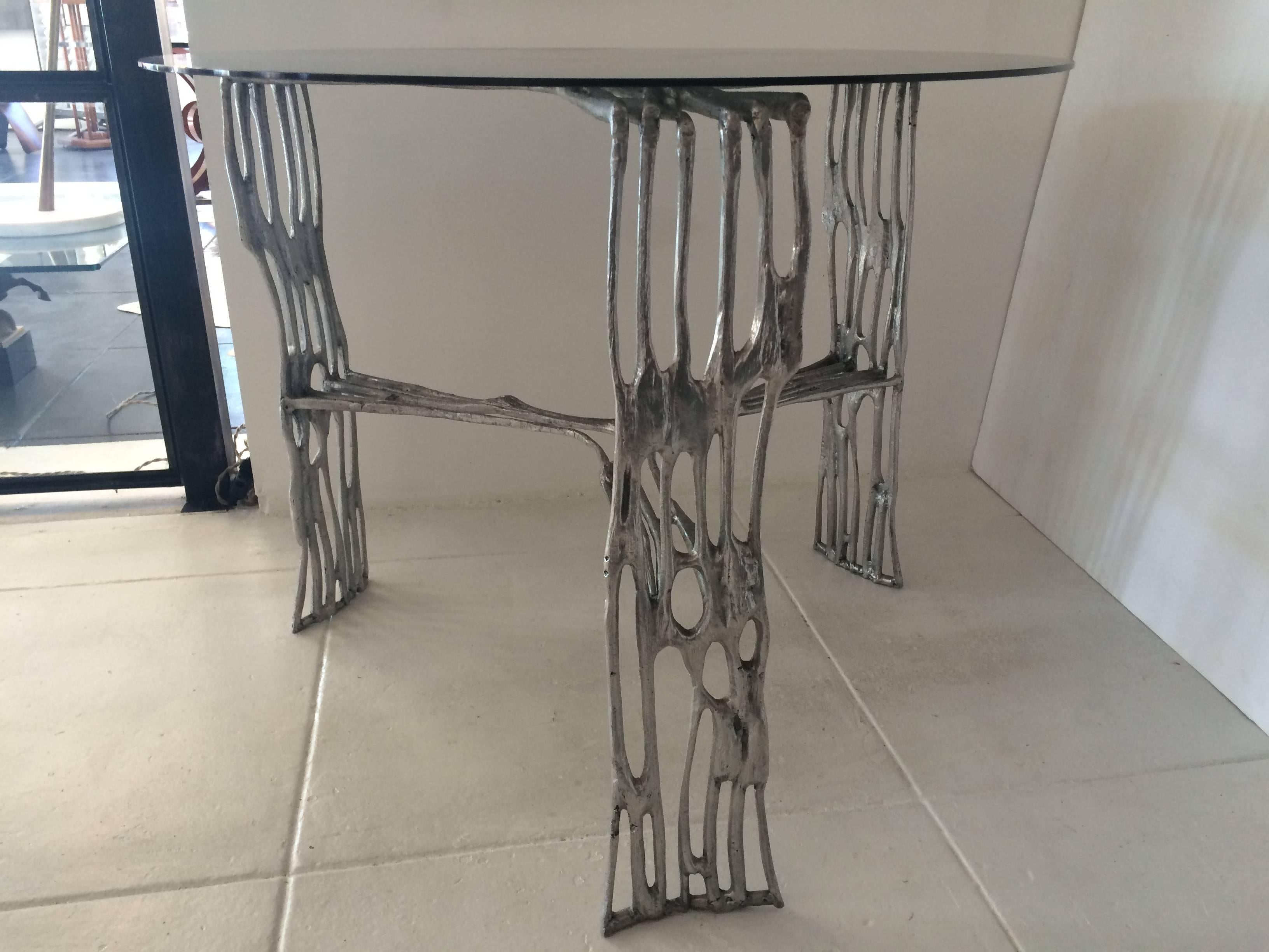 Most unique An Arthur Court Aluminum Saguaro Table, with 1/4 inch thick glass top, 1970s.