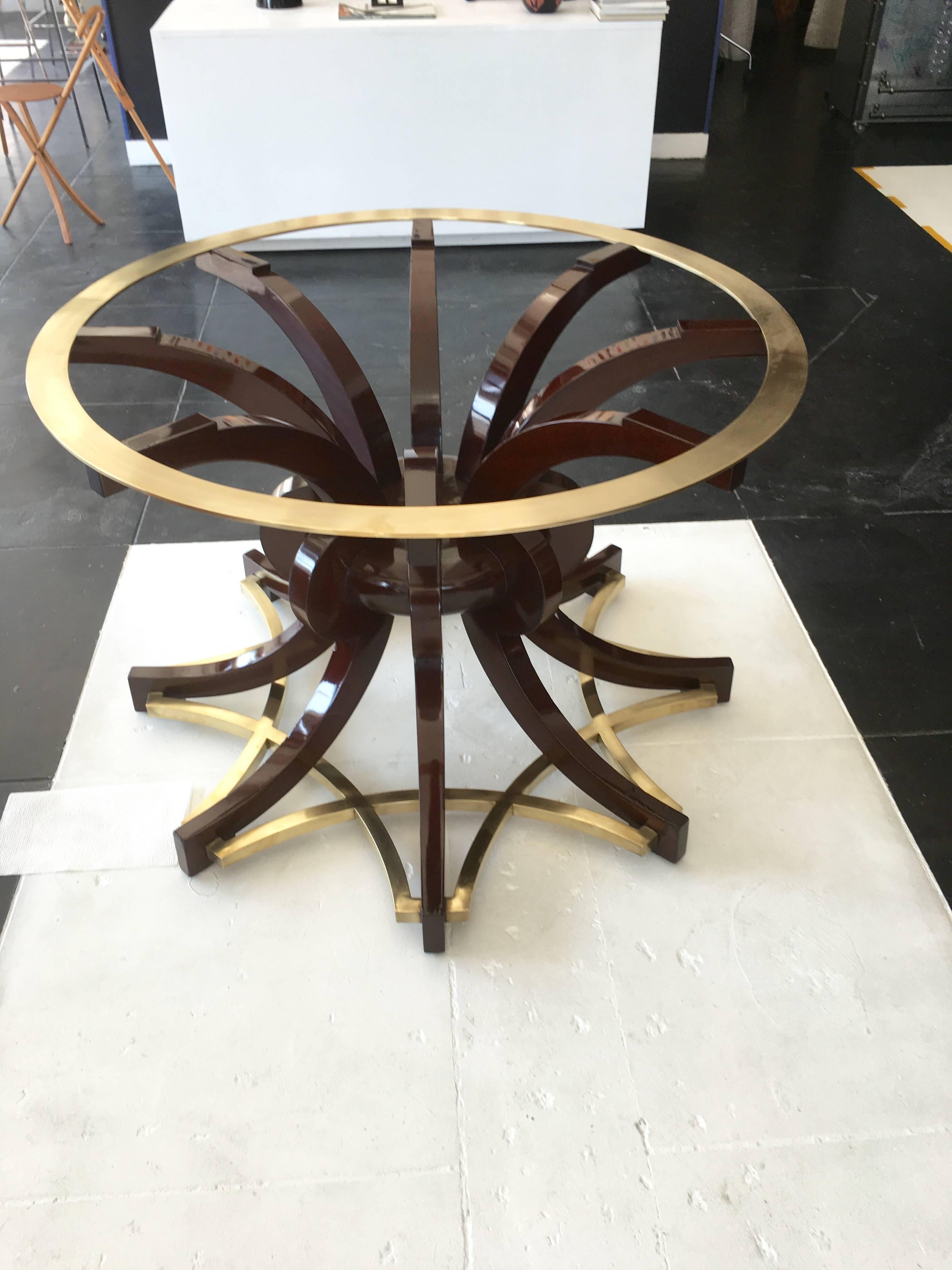 Roberto and Mito Block Midcentury mahogany and brass center table with 3/4 thick glass top.