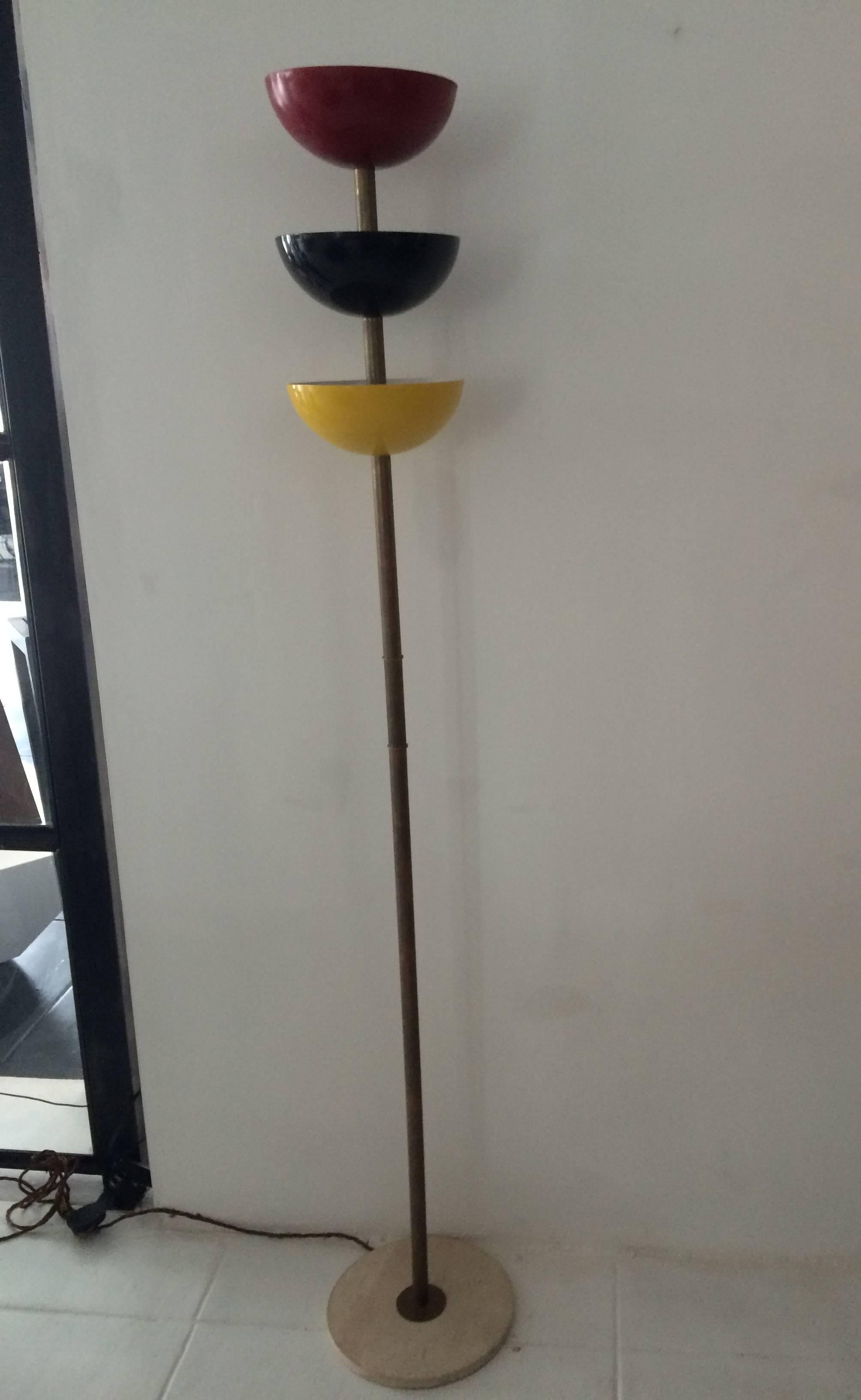 Very unique and beautiful three-tone Italian floor lamp, red, black and yellow shades, brass and marble base.