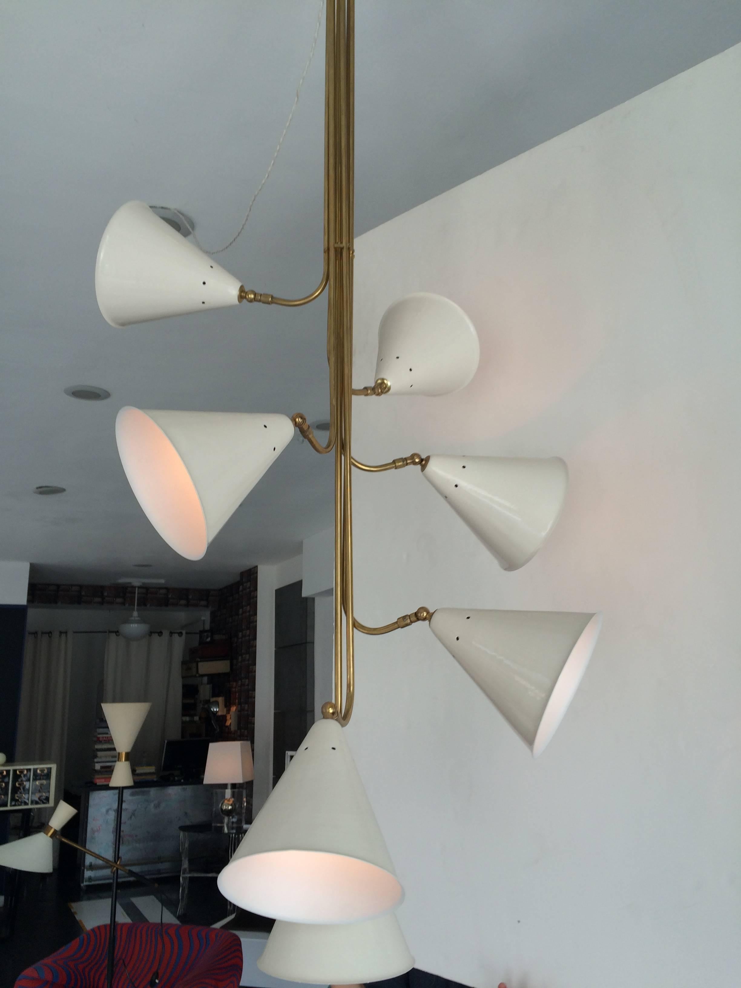 Most incredible two-tone Italian brass drop ceiling light with seven shades. Canopy is very rare, never seen before.