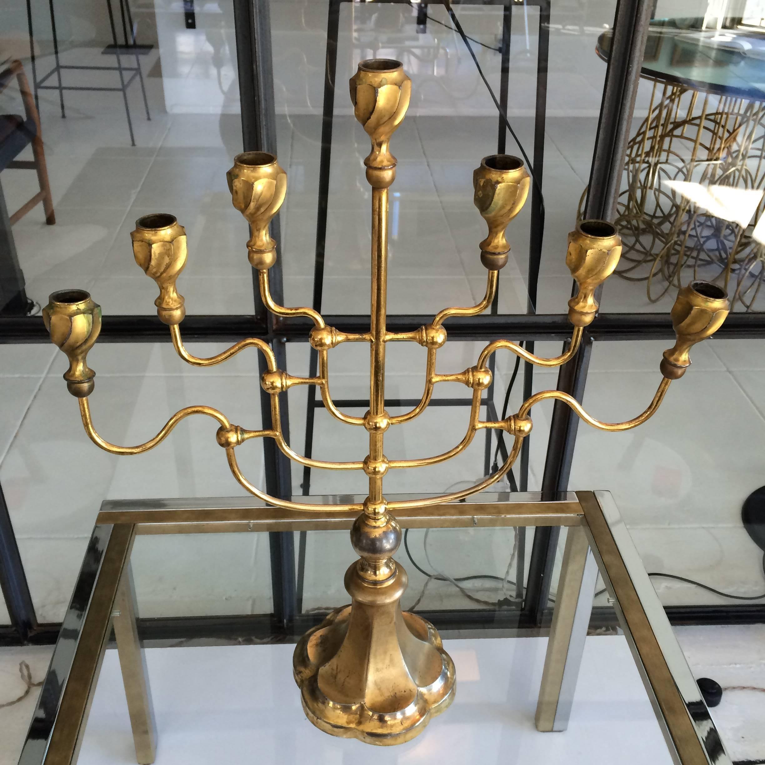 Large and elegant 1950s Temple Candelabra, solid brass.  Very beautiful and unique. 