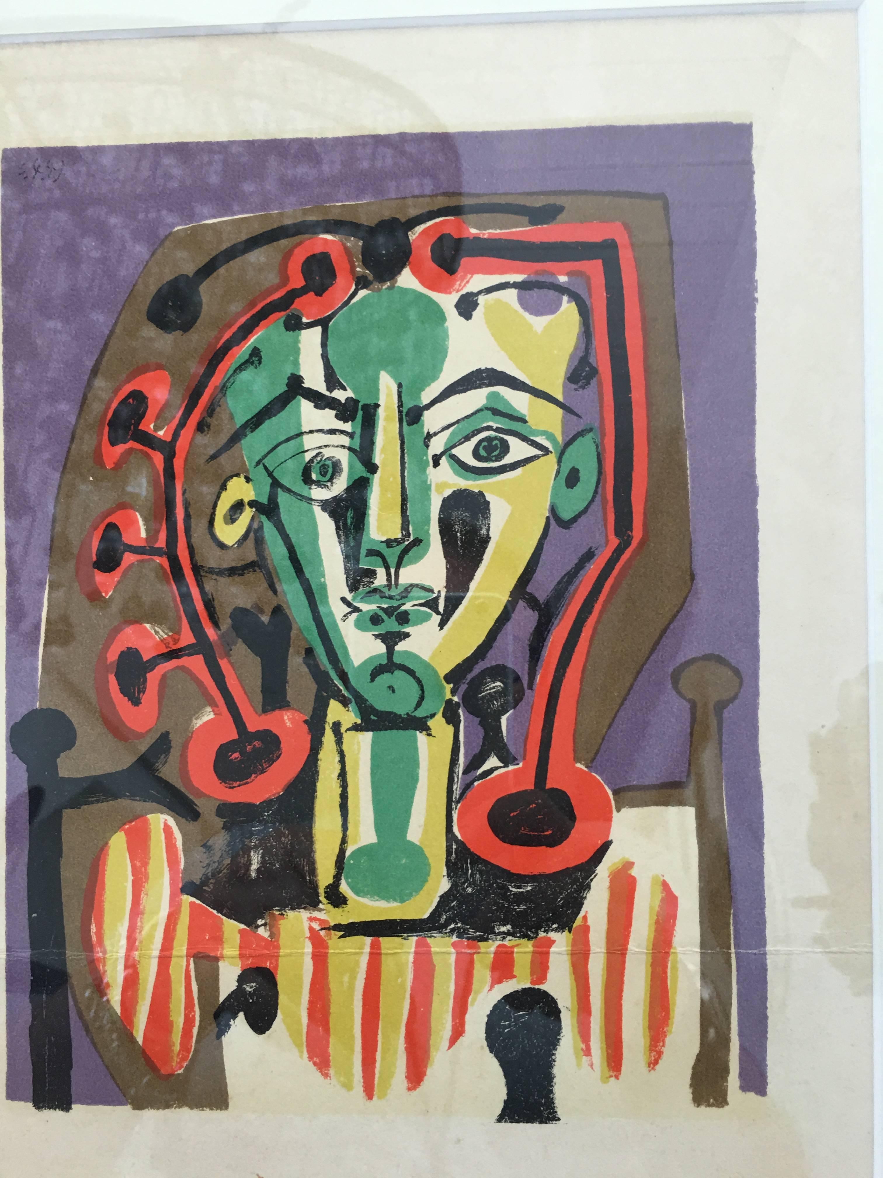 After Pablo Picasso, Plate VII, from Suite de 180 Dessins de Picasso portfolio, 1954. Beautiful original lithograph in color on wove paper after the artwork by Pablo Picasso, framed.